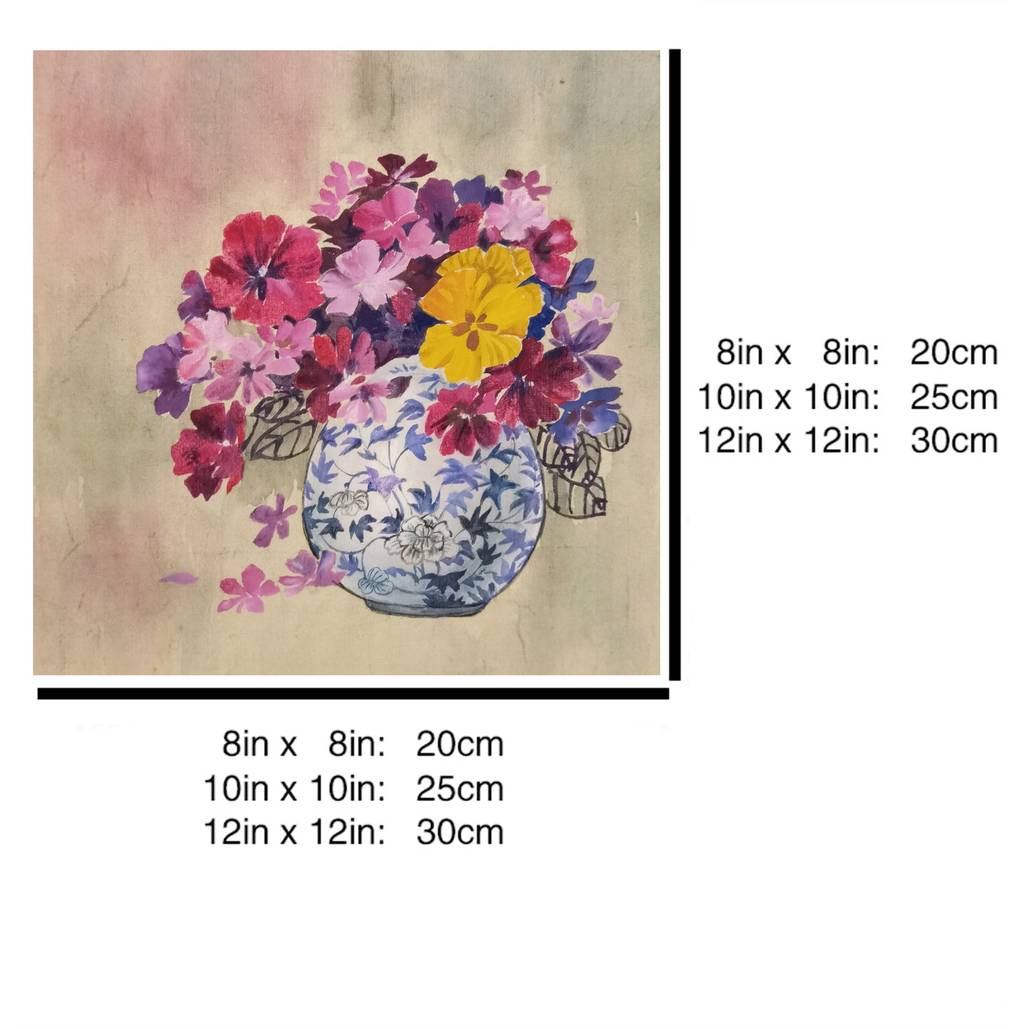 Hand-painted Blue and White Porcelain Vase with Colorful Chrysanthemums – Fine Brush Technique, Premium MATT Paper, Natural Wood Frame, Custom Sizes & Colors