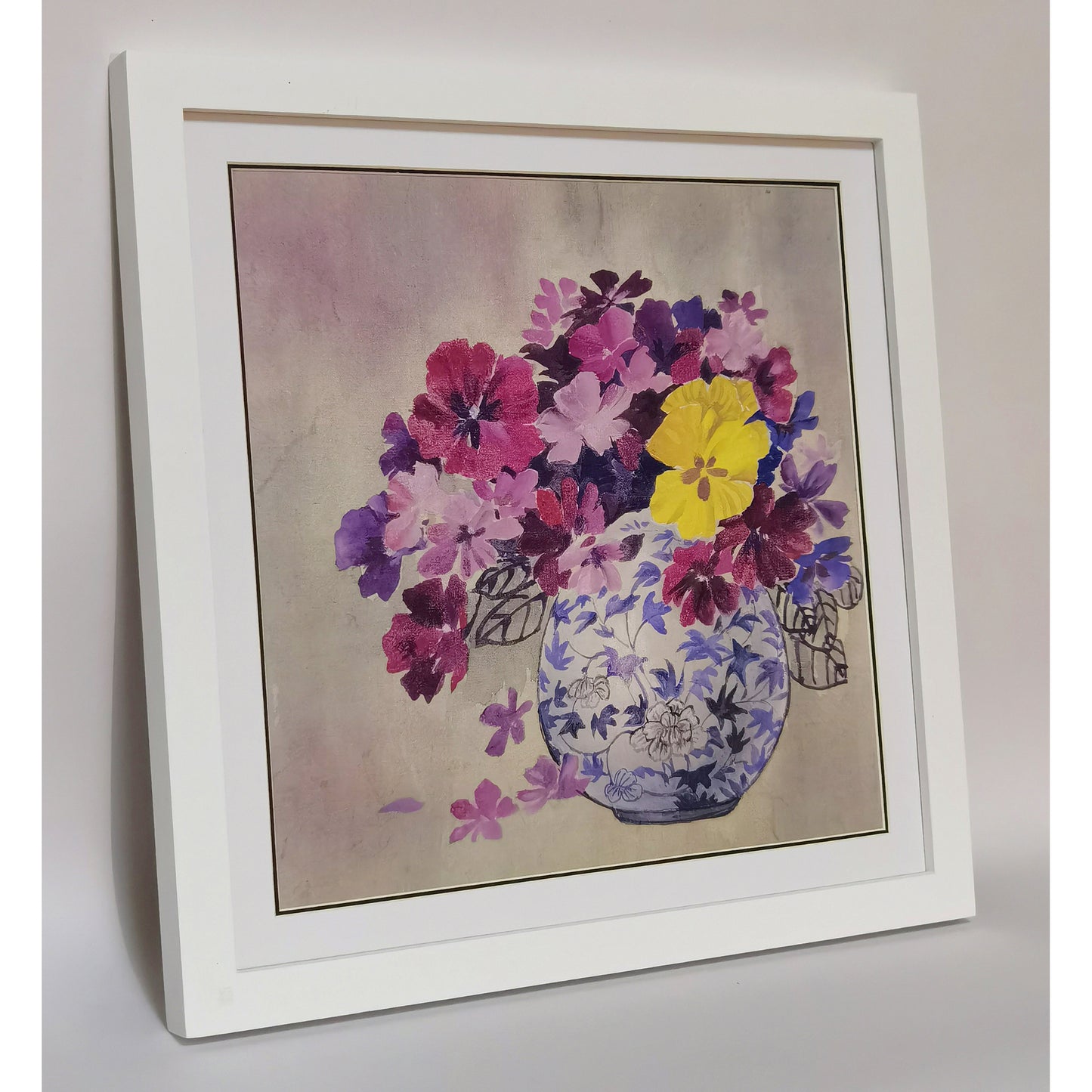 Hand-painted Blue and White Porcelain Vase with Colorful Chrysanthemums – Fine Brush Technique, Premium MATT Paper, Natural Wood Frame, Custom Sizes & Colors