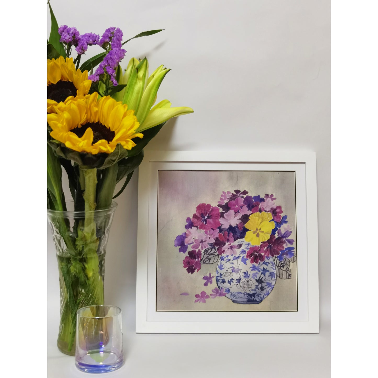Hand-painted Blue and White Porcelain Vase with Colorful Chrysanthemums – Fine Brush Technique, Premium MATT Paper, Natural Wood Frame, Custom Sizes & Colors