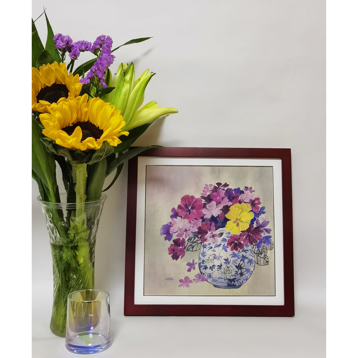 Hand-painted Blue and White Porcelain Vase with Colorful Chrysanthemums – Fine Brush Technique, Premium MATT Paper, Natural Wood Frame, Custom Sizes & Colors