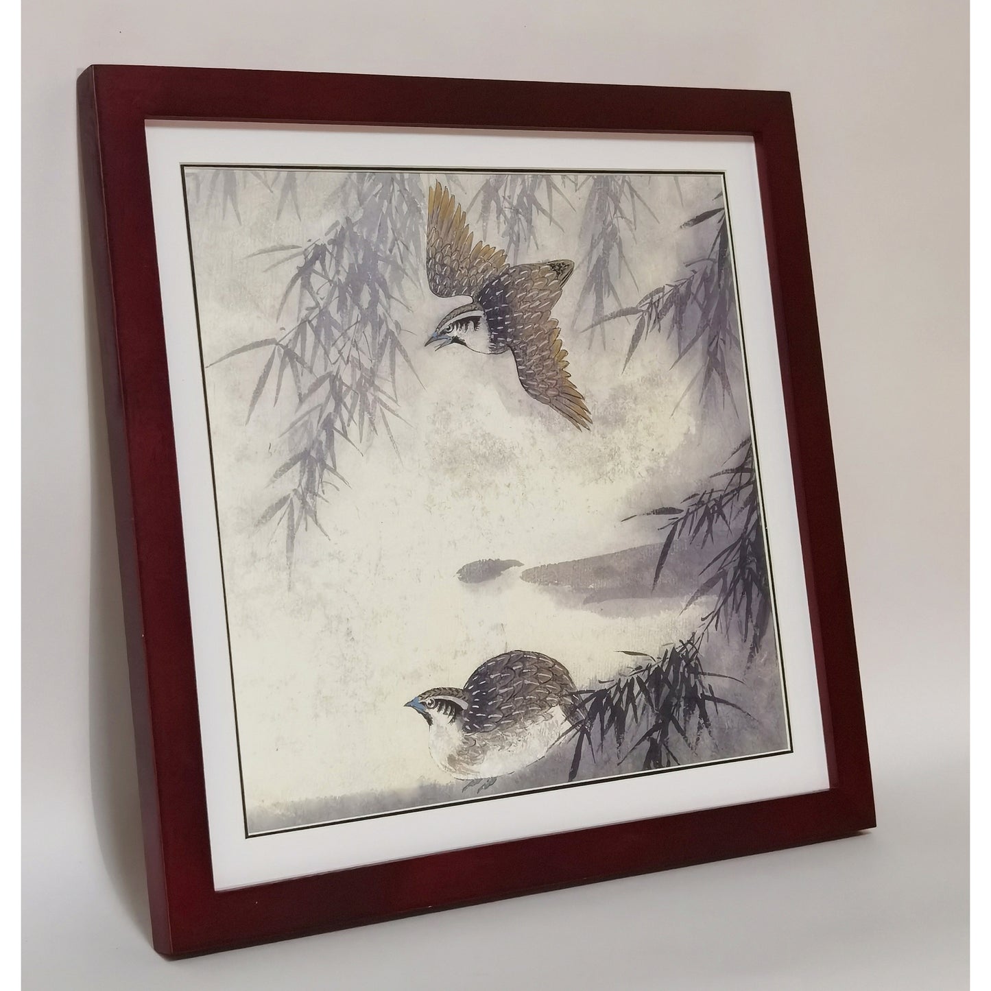 Hand-painted Quails in Bamboo Forest – Watercolor Art Print, Premium MATT Paper, Natural Wood Frame, Custom Sizes & Colors