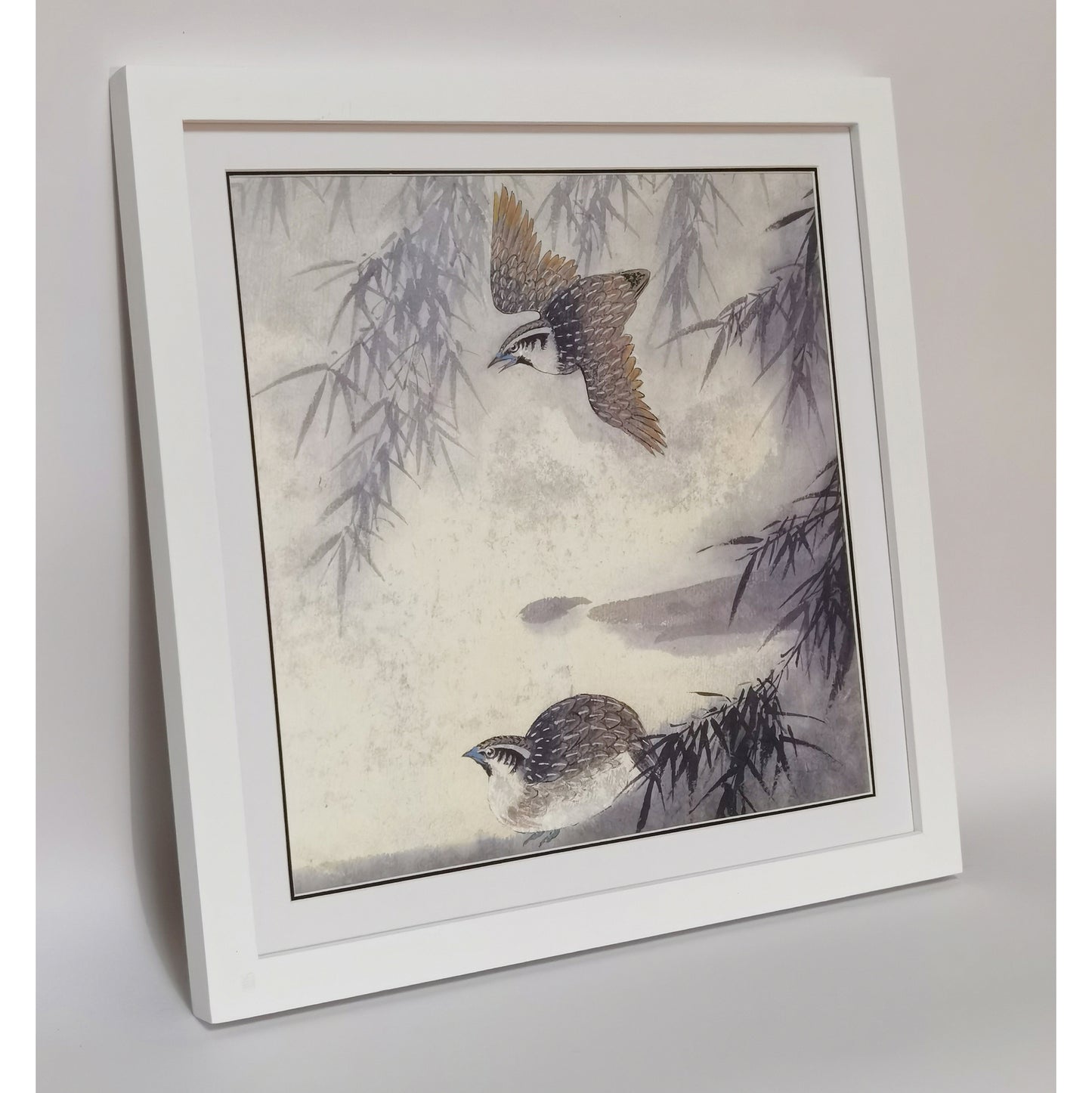 Hand-painted Quails in Bamboo Forest – Watercolor Art Print, Premium MATT Paper, Natural Wood Frame, Custom Sizes & Colors