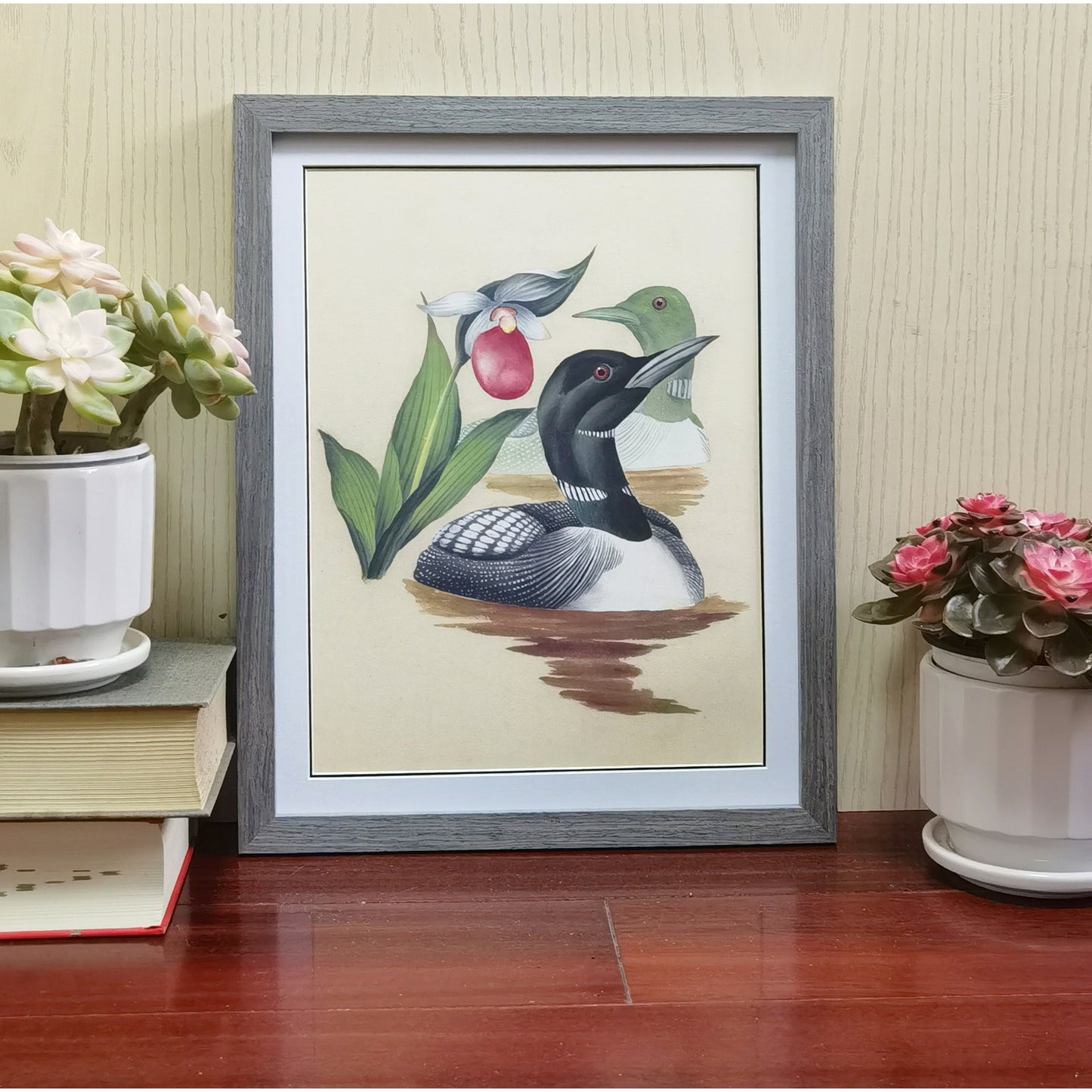 Minnesota Common Loon Hand-painted Art Print - Premium MATT Paper, Natural Wood Frame, Multiple Sizes & Colors, Wall & Tabletop Décor