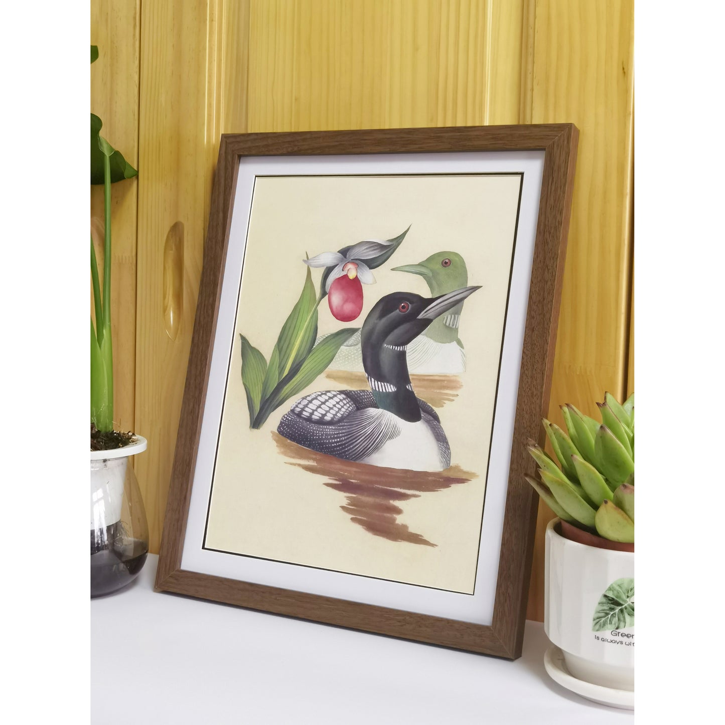 Minnesota Common Loon Hand-painted Art Print - Premium MATT Paper, Natural Wood Frame, Multiple Sizes & Colors, Wall & Tabletop Décor