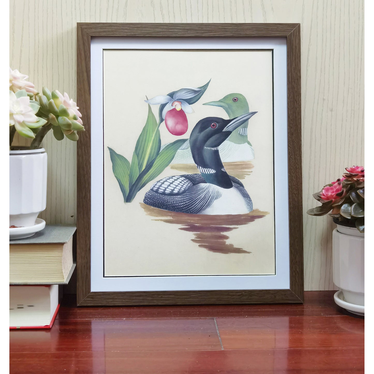 Minnesota Common Loon Hand-painted Art Print - Premium MATT Paper, Natural Wood Frame, Multiple Sizes & Colors, Wall & Tabletop Décor