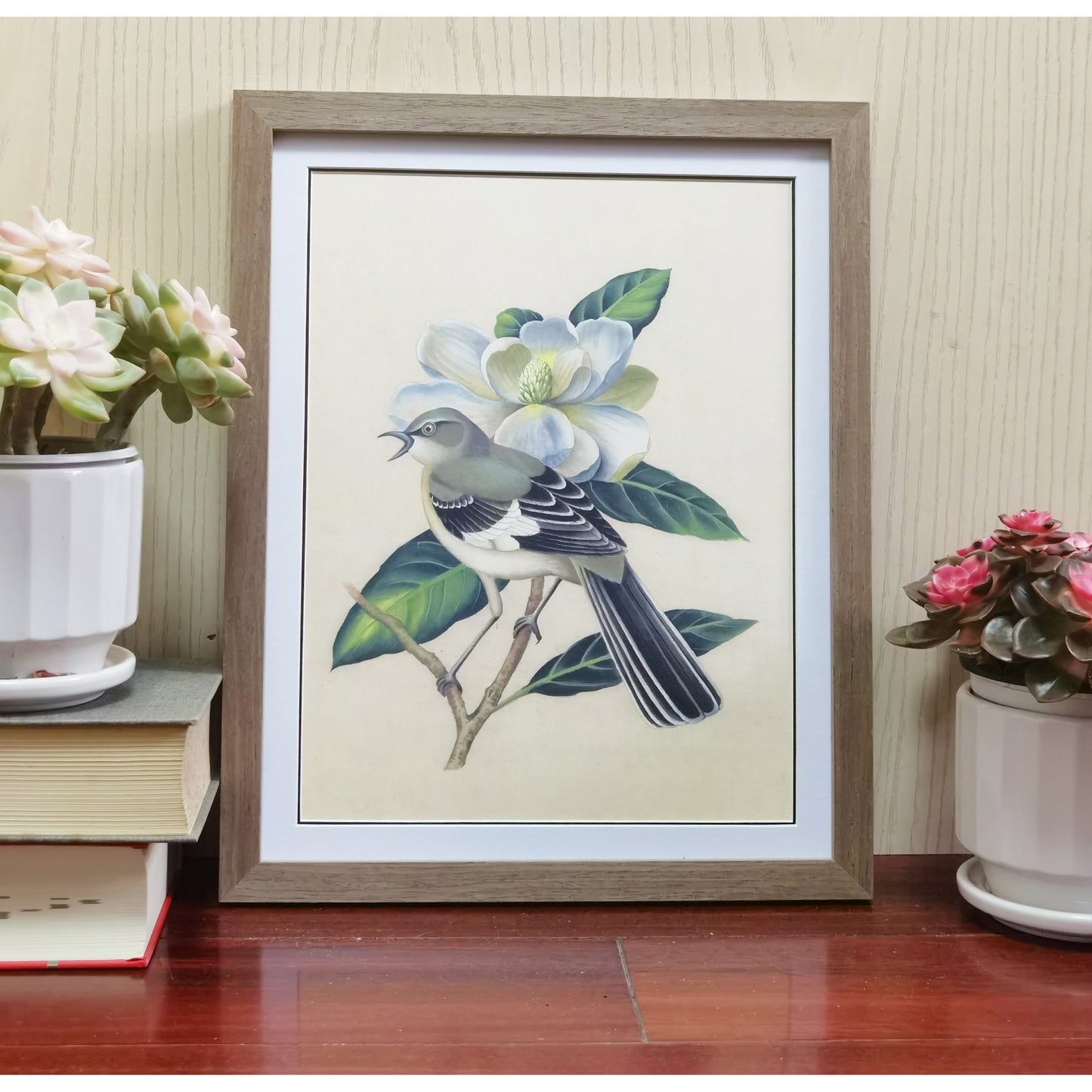 Mississippi Mockingbird Hand-painted Art Print - Premium MATT Paper, Natural Wood Frame, Wall & Tabletop Décor, Multiple Sizes & Colors Available