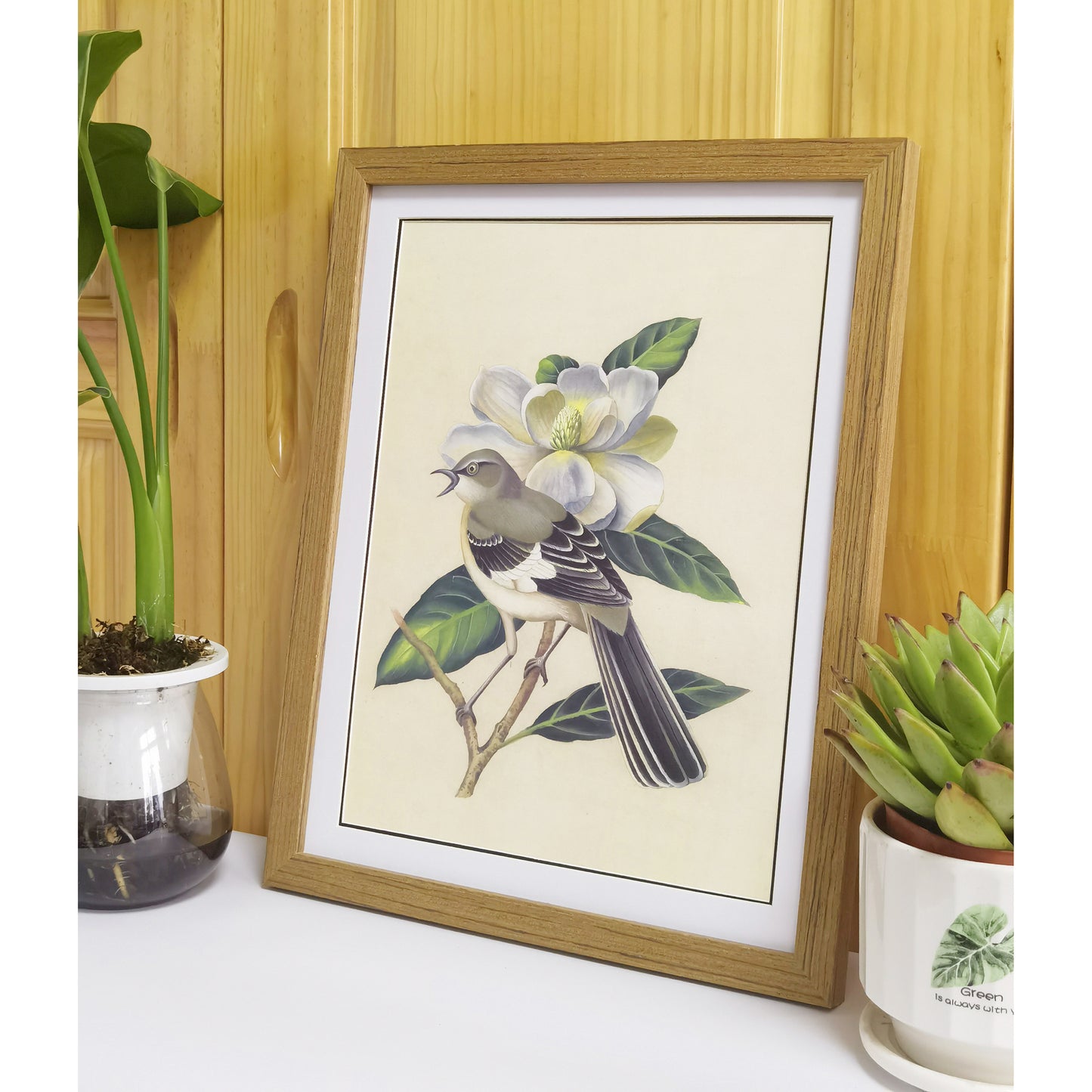 Mississippi Mockingbird Hand-painted Art Print - Premium MATT Paper, Natural Wood Frame, Wall & Tabletop Décor, Multiple Sizes & Colors Available