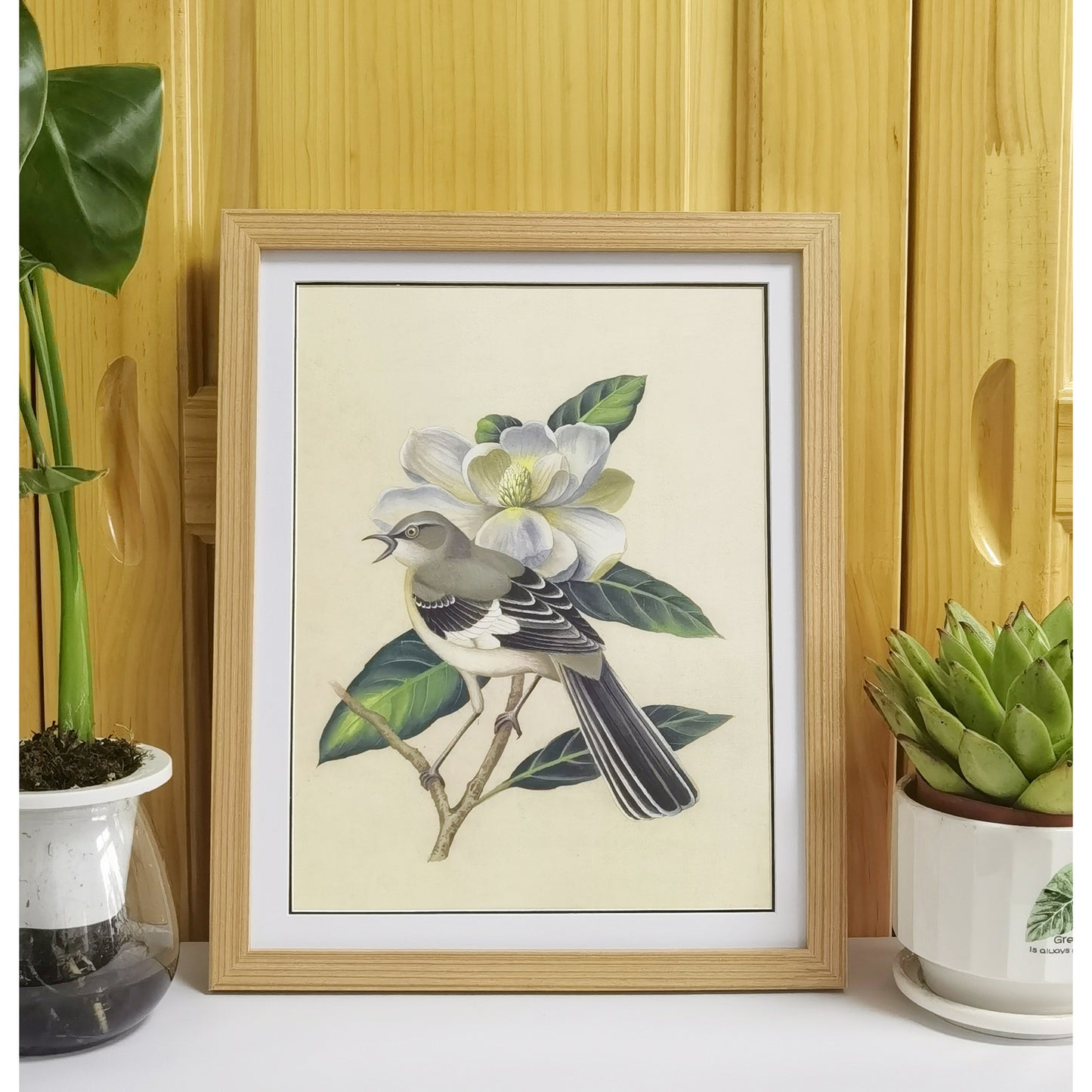 Mississippi Mockingbird Hand-painted Art Print - Premium MATT Paper, Natural Wood Frame, Wall & Tabletop Décor, Multiple Sizes & Colors Available