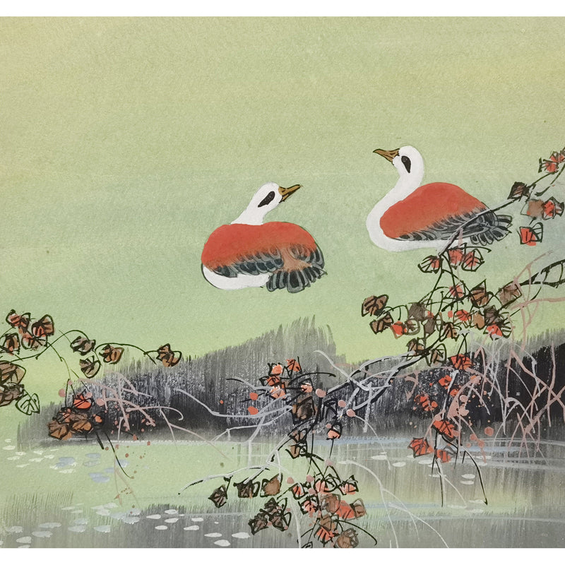 Hand-painted Mandarin Ducks Perched by Pond Artwork – Watercolor Technique, Premium MATT Paper, Natural Wood Frame, Multiple Sizes & Colors