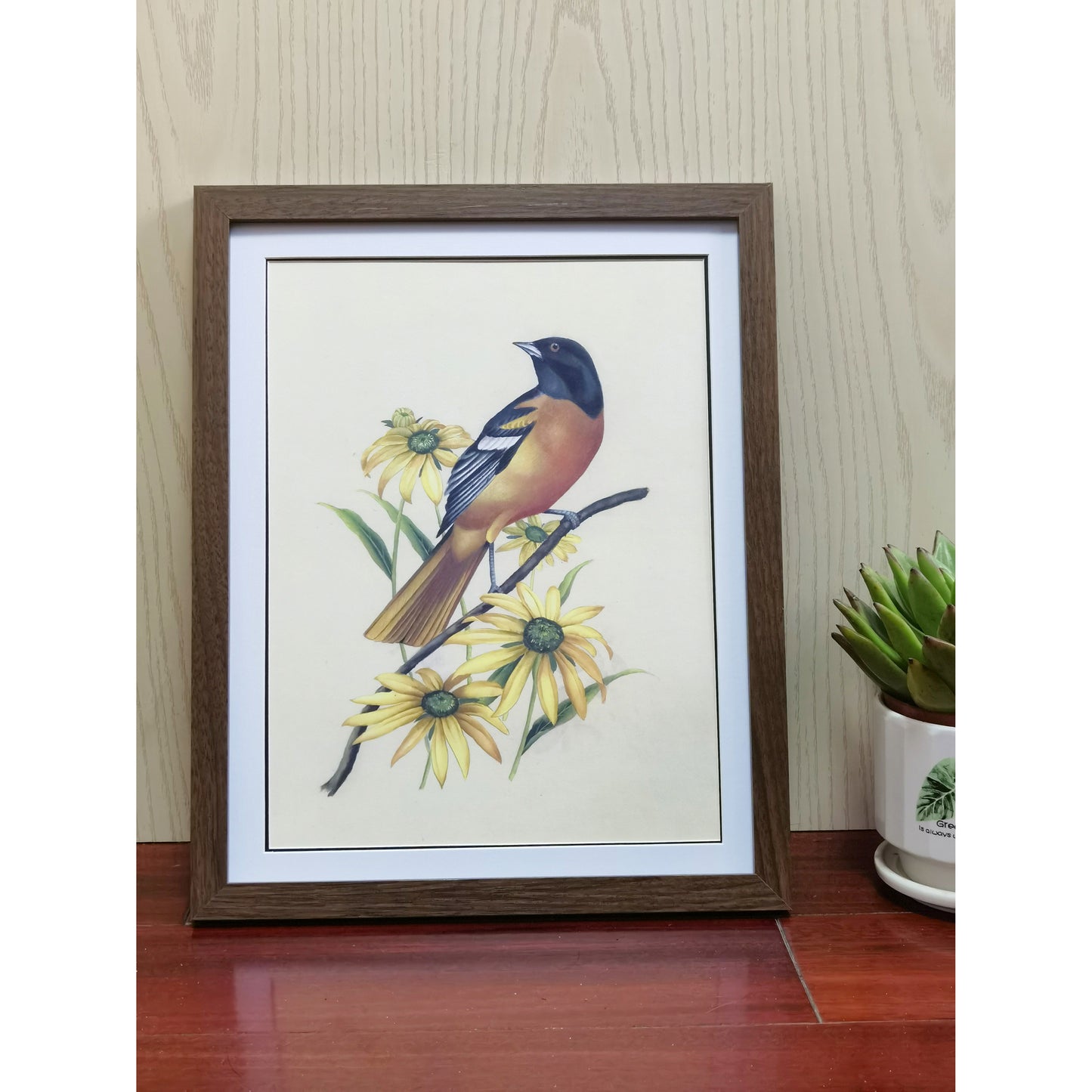 Maryland Baltimore Oriole Hand-painted Art Print - Premium MATT Paper, Natural Wood Frame, Multiple Sizes & Colors, Wall & Tabletop Décor