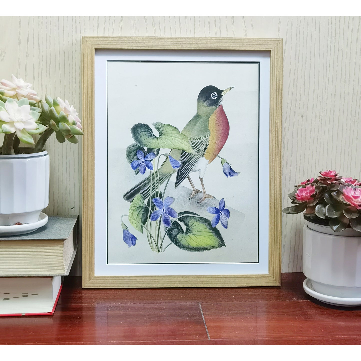 Wisconsin American Robin Hand-painted Art Print - Premium MATT Paper, Natural Wood Frame, Multiple Sizes & Colors, Wall & Tabletop Décor