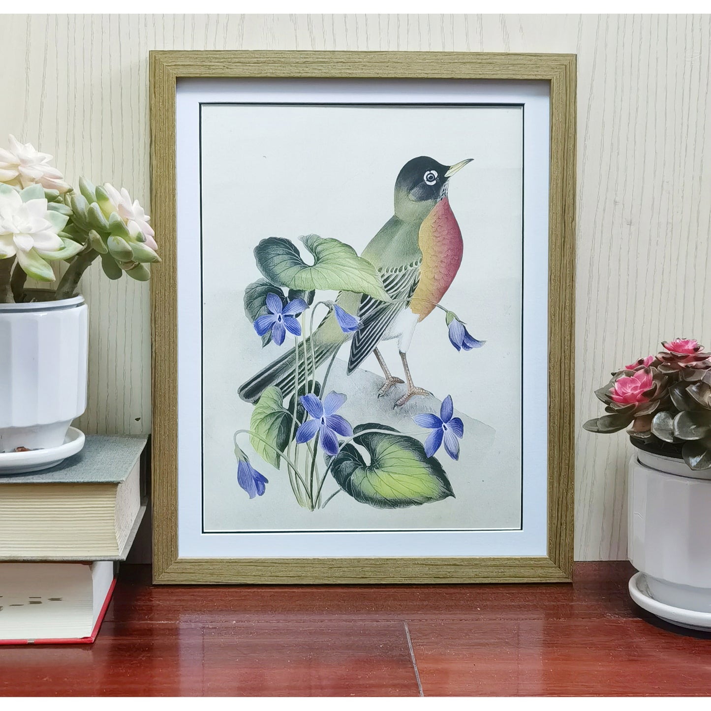 Wisconsin American Robin Hand-painted Art Print - Premium MATT Paper, Natural Wood Frame, Multiple Sizes & Colors, Wall & Tabletop Décor