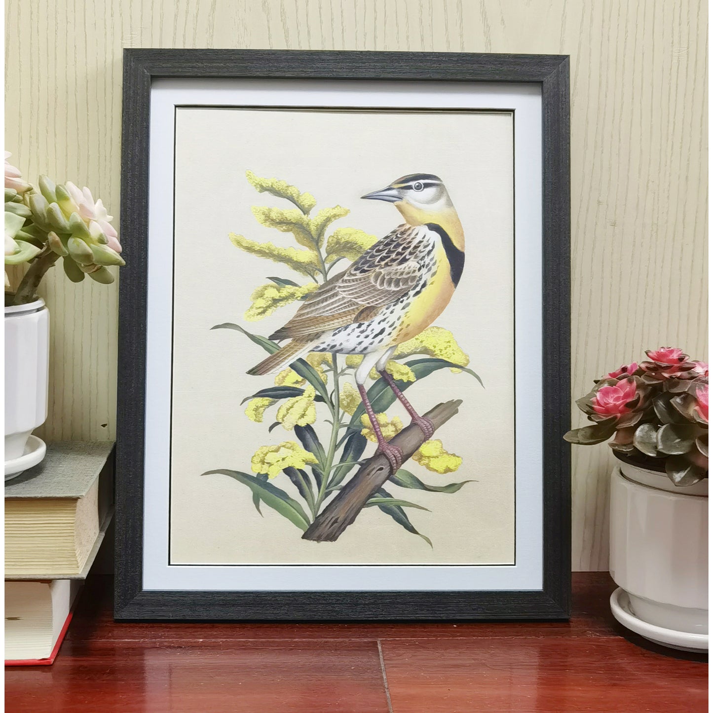 Nebraska Western Meadowlark Hand-painted Art Print - Premium MATT Paper, Natural Wood Frame, Wall & Tabletop Décor, Multiple Sizes & Colors