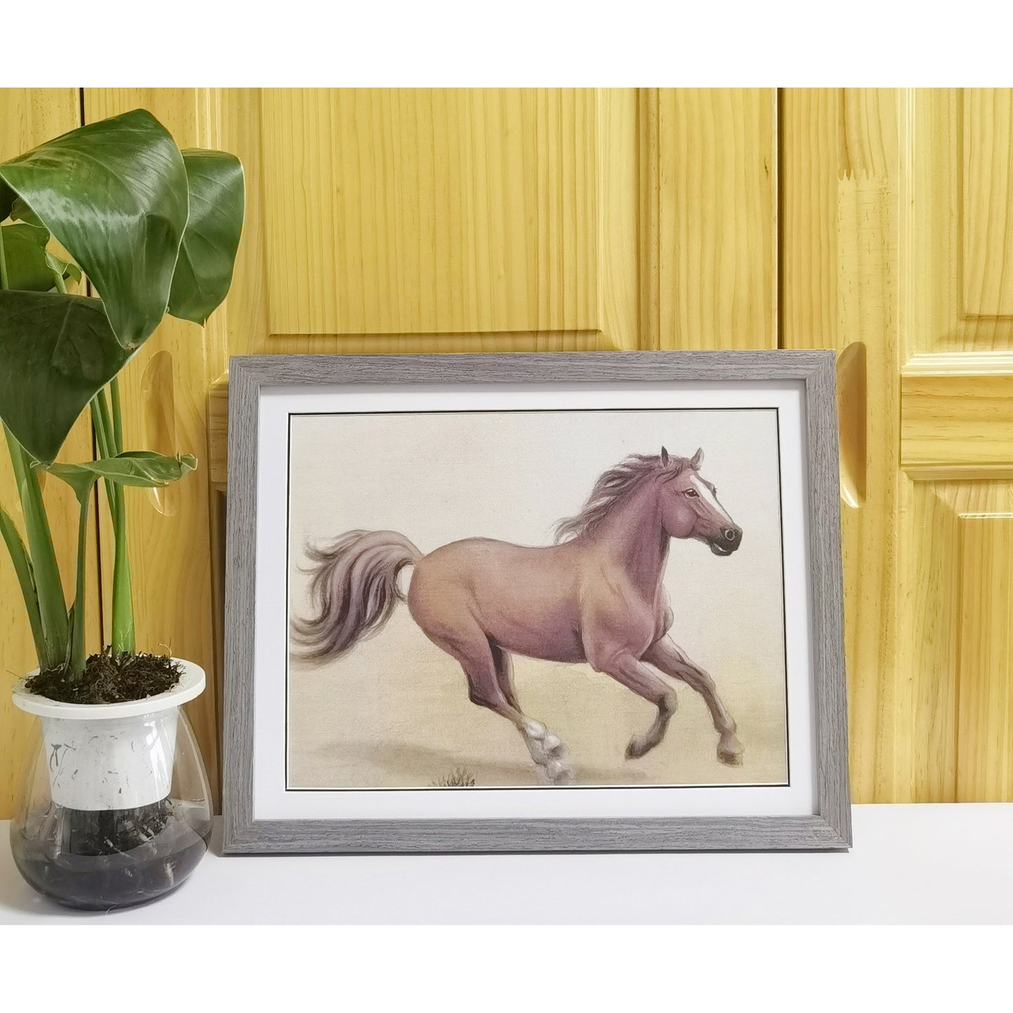 Hand-painted Brown Horse Artwork – Fine Brush Technique, Premium MATT Paper, Natural Wood Frame, Multiple Sizes & Colors