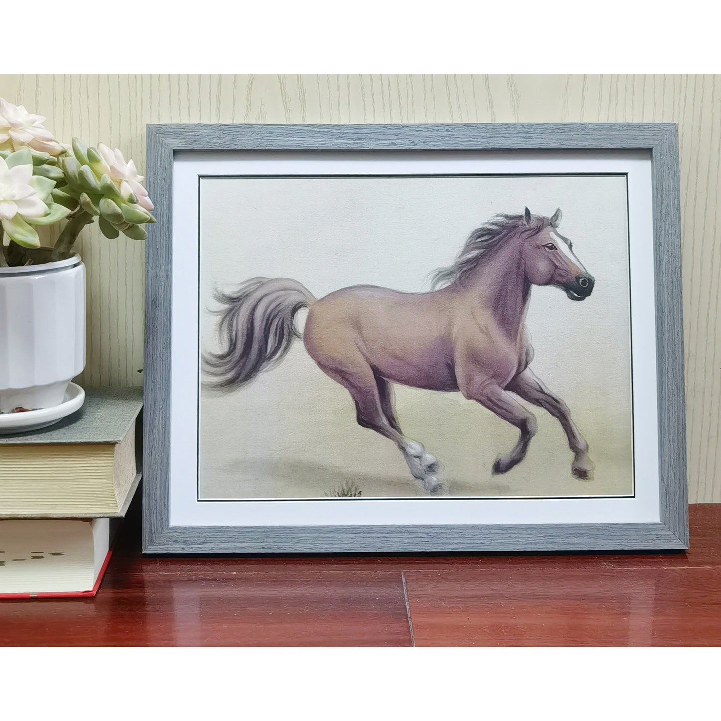 Hand-painted Brown Horse Artwork – Fine Brush Technique, Premium MATT Paper, Natural Wood Frame, Multiple Sizes & Colors