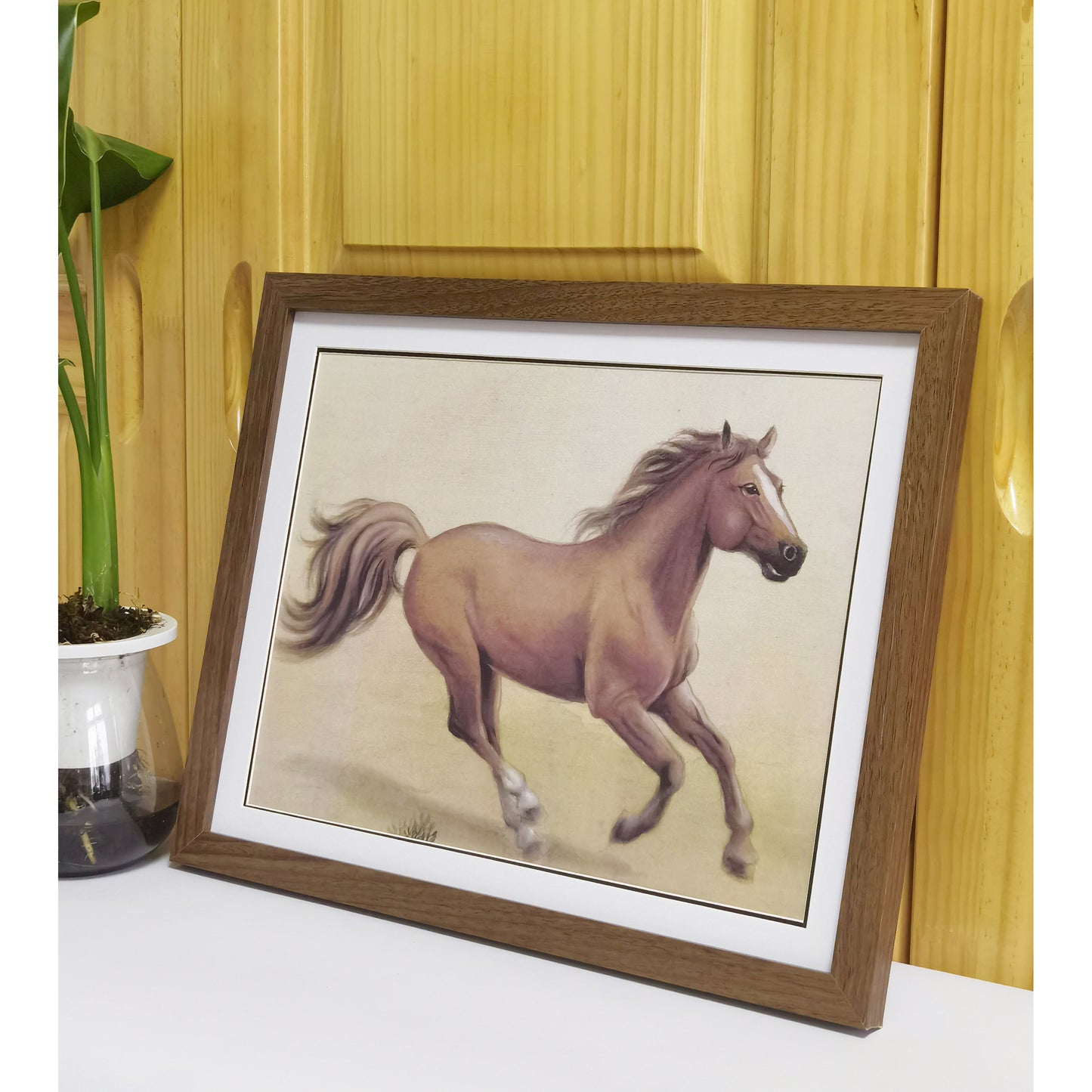 Hand-painted Brown Horse Artwork – Fine Brush Technique, Premium MATT Paper, Natural Wood Frame, Multiple Sizes & Colors