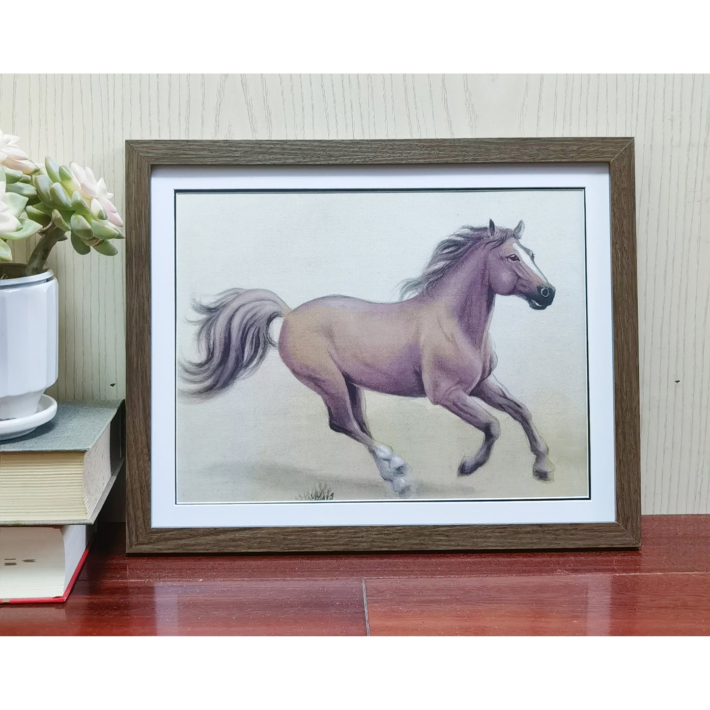 Hand-painted Brown Horse Artwork – Fine Brush Technique, Premium MATT Paper, Natural Wood Frame, Multiple Sizes & Colors