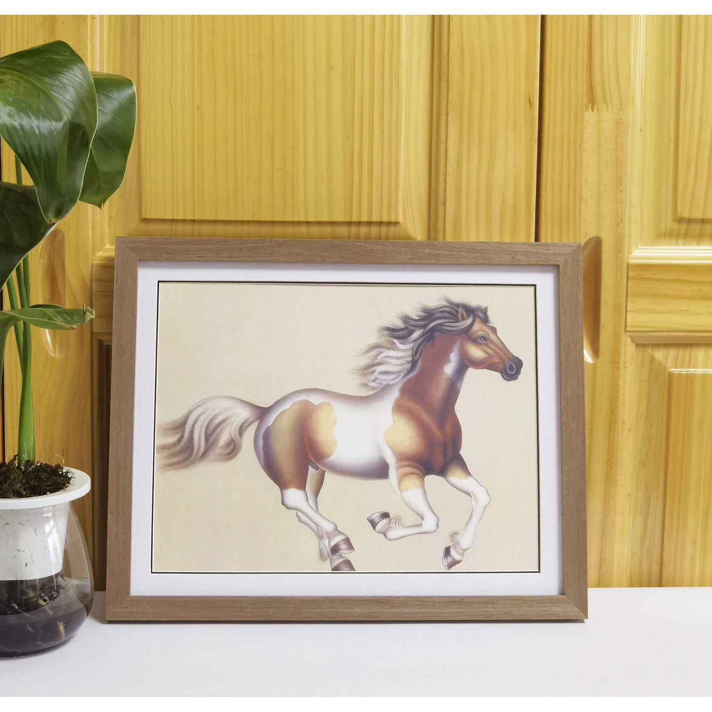 Hand-painted Ochre White Horse Artwork – Fine Brush Technique, Premium MATT Paper, Natural Wood Frame, Multiple Sizes & Colors