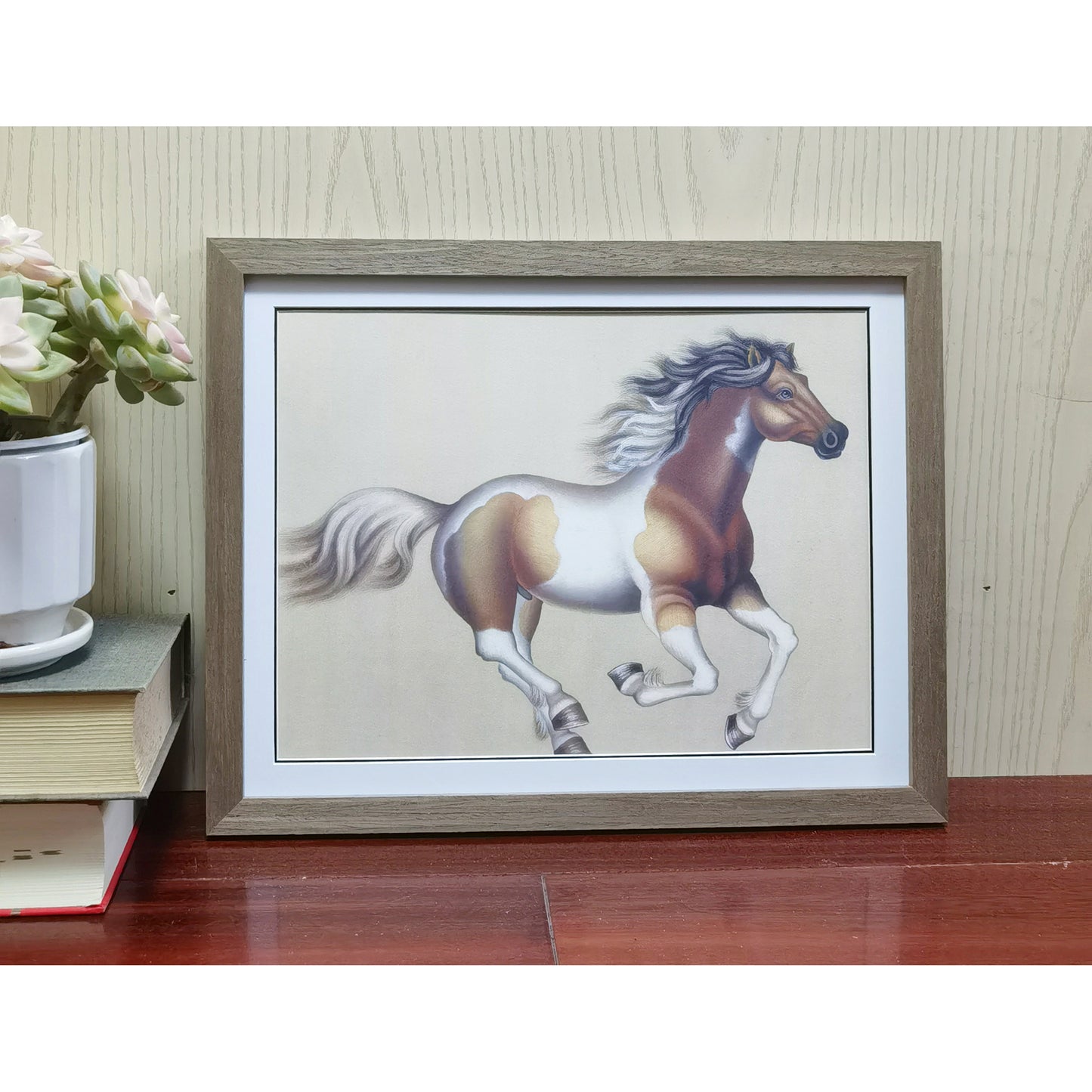 Hand-painted Ochre White Horse Artwork – Fine Brush Technique, Premium MATT Paper, Natural Wood Frame, Multiple Sizes & Colors