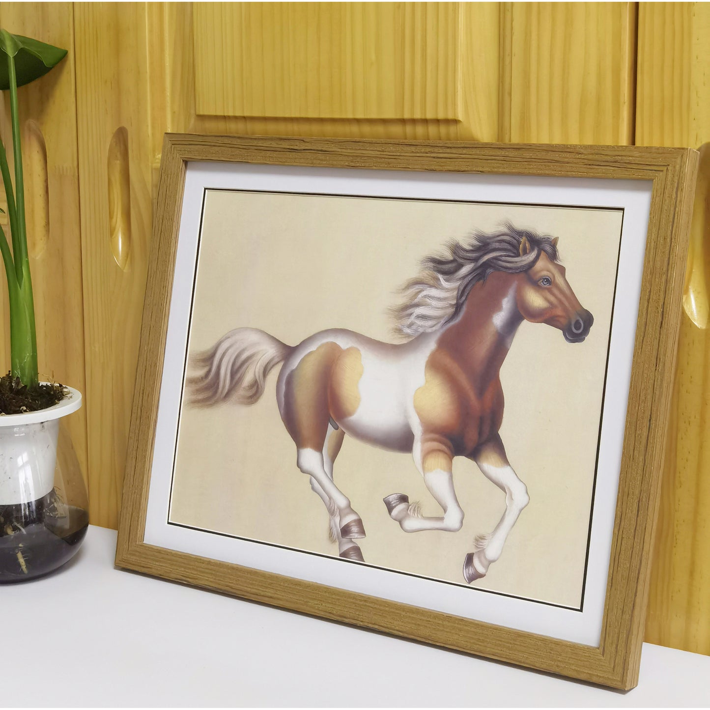 Hand-painted Ochre White Horse Artwork – Fine Brush Technique, Premium MATT Paper, Natural Wood Frame, Multiple Sizes & Colors
