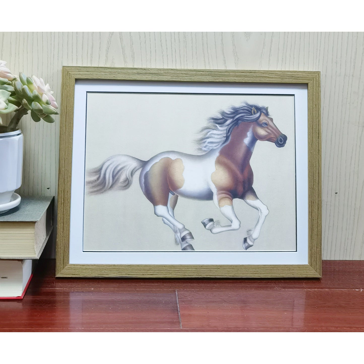 Hand-painted Ochre White Horse Artwork – Fine Brush Technique, Premium MATT Paper, Natural Wood Frame, Multiple Sizes & Colors