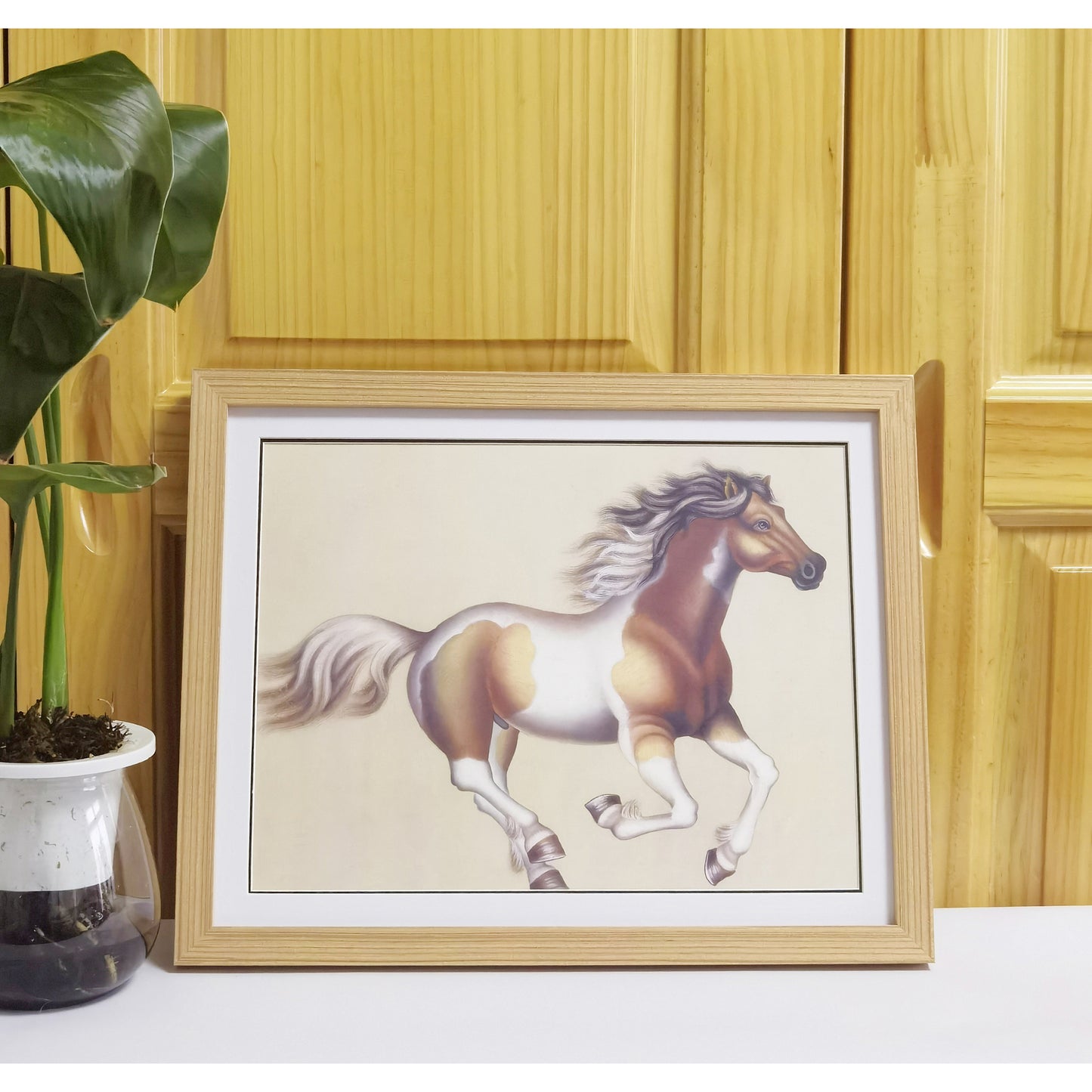 Hand-painted Ochre White Horse Artwork – Fine Brush Technique, Premium MATT Paper, Natural Wood Frame, Multiple Sizes & Colors