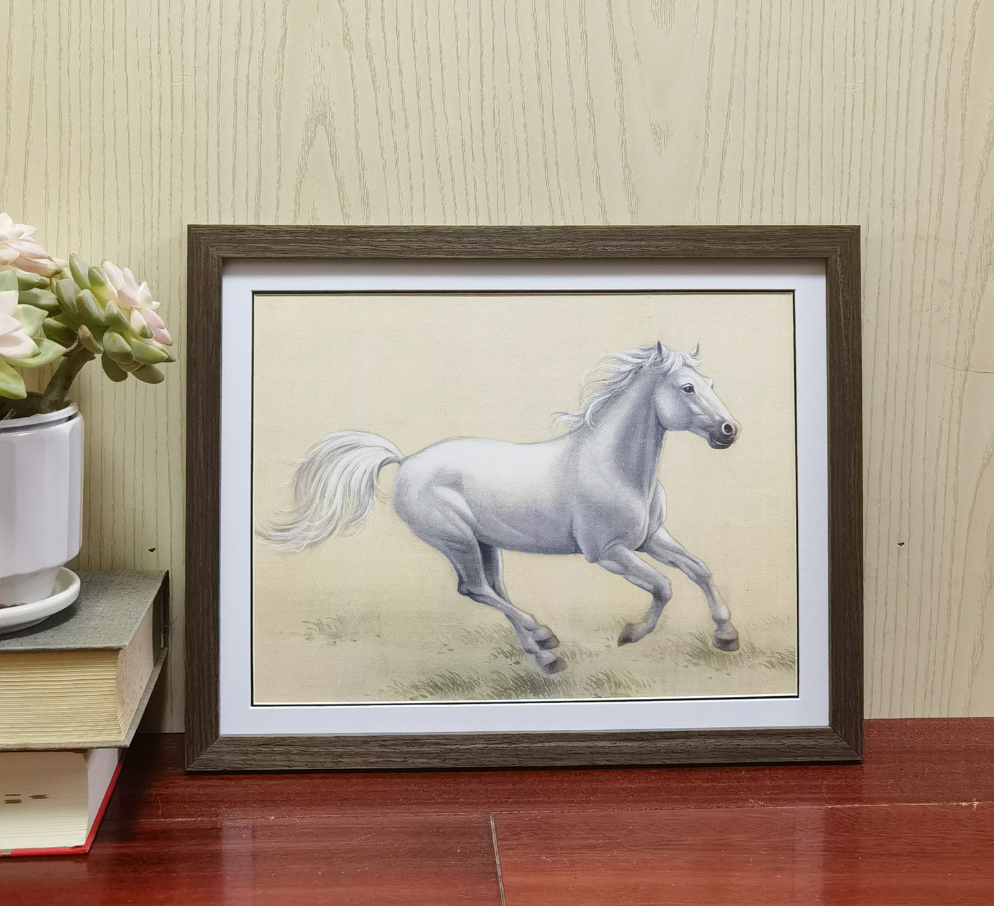 Hand-painted White Stallion Artwork – Fine Brush Technique, Premium MATT Paper, Natural Wood Frame, Multiple Sizes & Colors