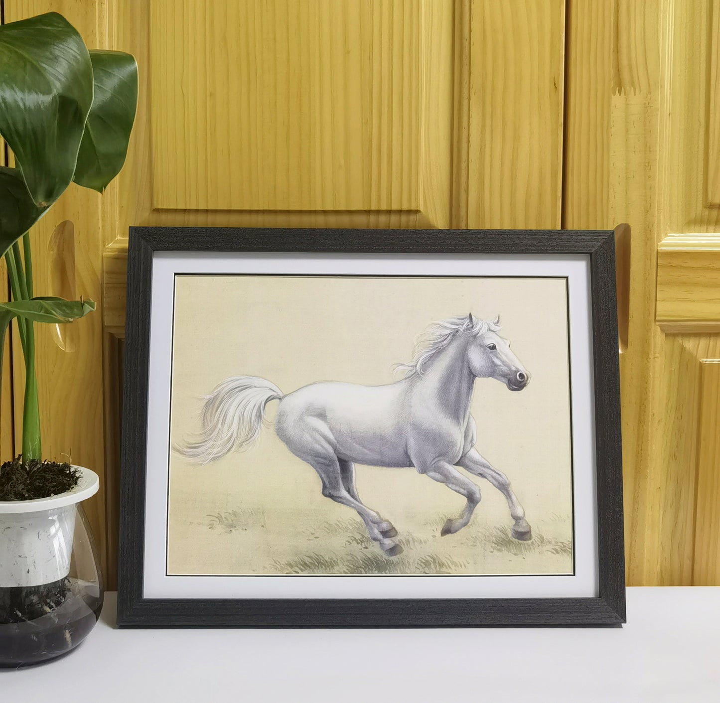 Hand-painted White Stallion Artwork – Fine Brush Technique, Premium MATT Paper, Natural Wood Frame, Multiple Sizes & Colors