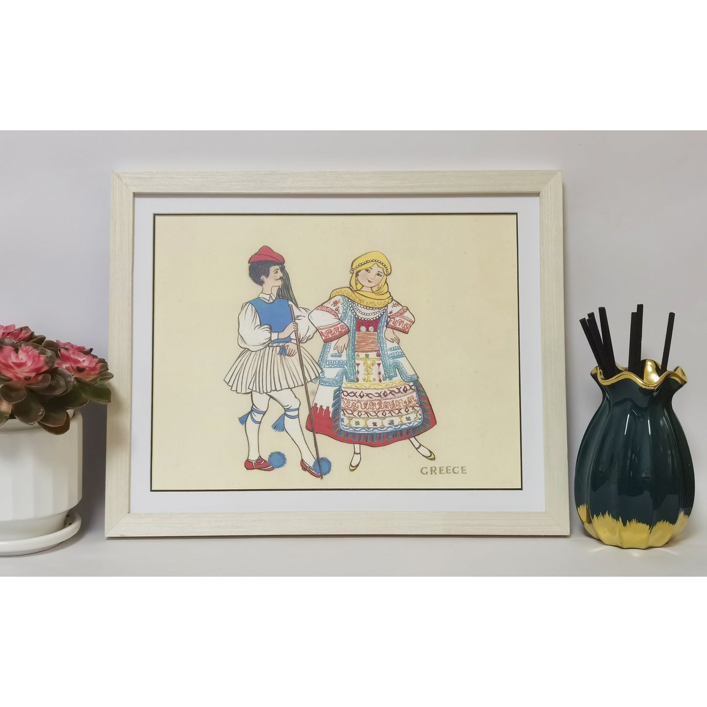 Hand-painted Greek Traditional Folk Art Print – Ethnic Costume, Natural Wood Frame, Premium MATT Paper, Multiple Sizes & Colors