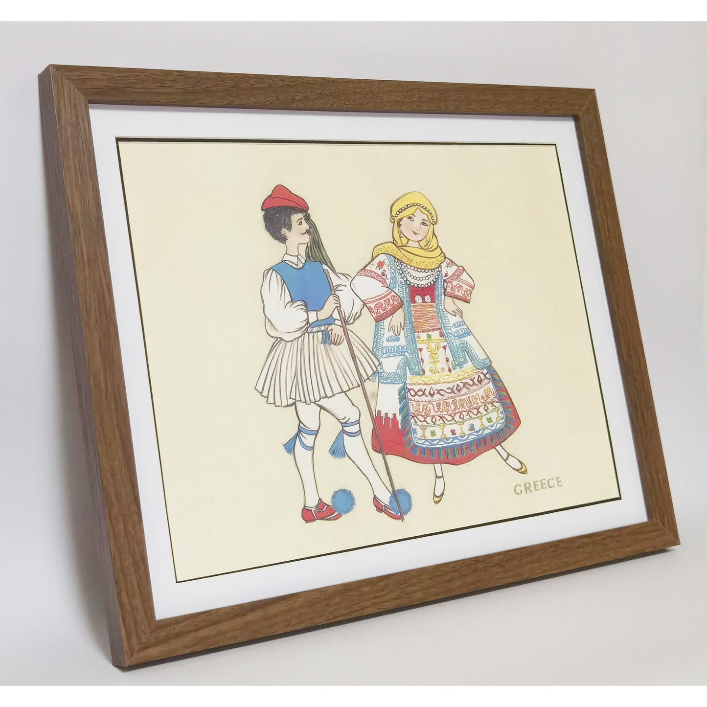Hand-painted Greek Traditional Folk Art Print – Ethnic Costume, Natural Wood Frame, Premium MATT Paper, Multiple Sizes & Colors