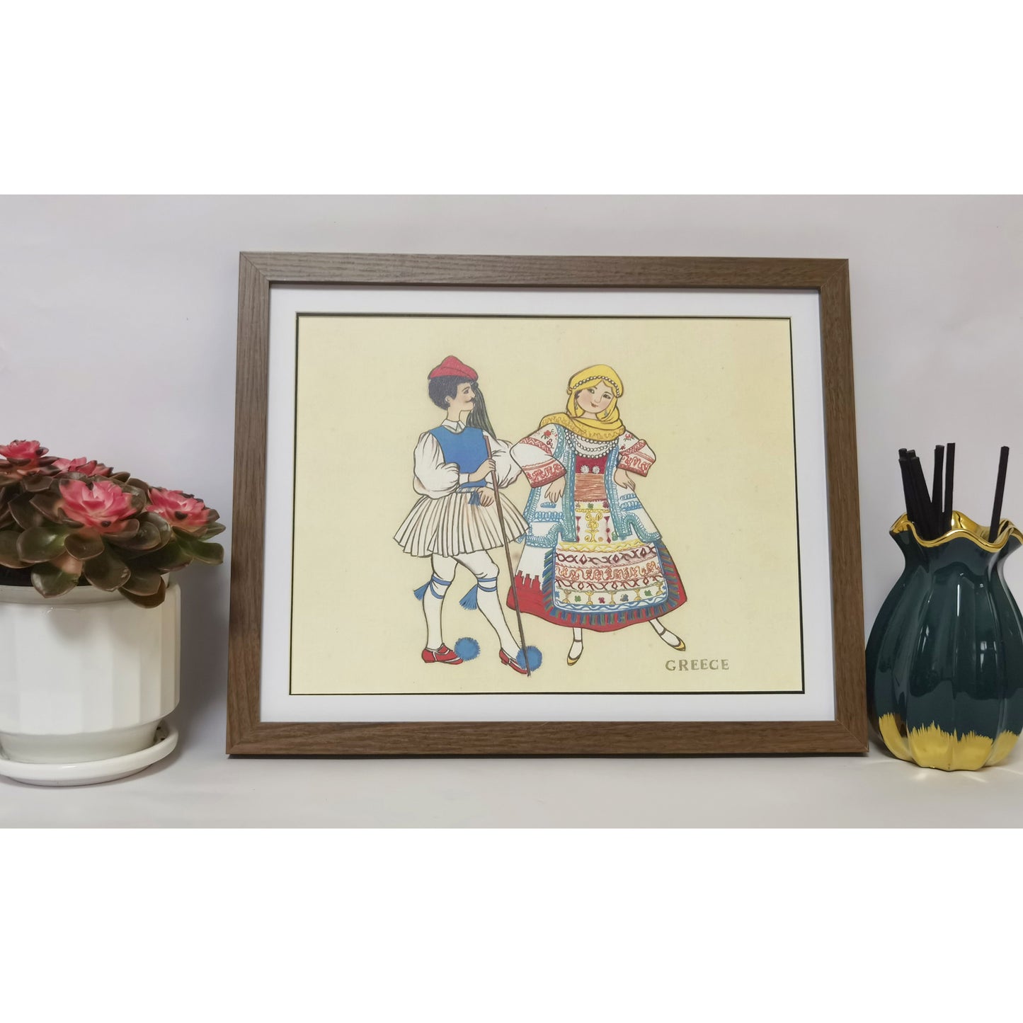 Hand-painted Greek Traditional Folk Art Print – Ethnic Costume, Natural Wood Frame, Premium MATT Paper, Multiple Sizes & Colors