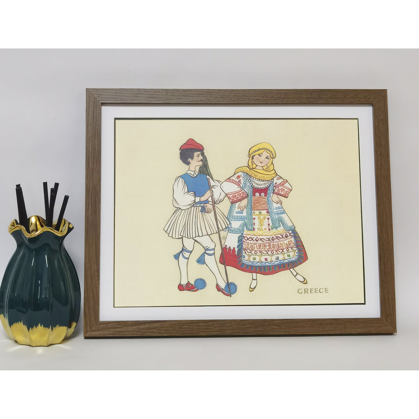 Hand-painted Greek Traditional Folk Art Print – Ethnic Costume, Natural Wood Frame, Premium MATT Paper, Multiple Sizes & Colors