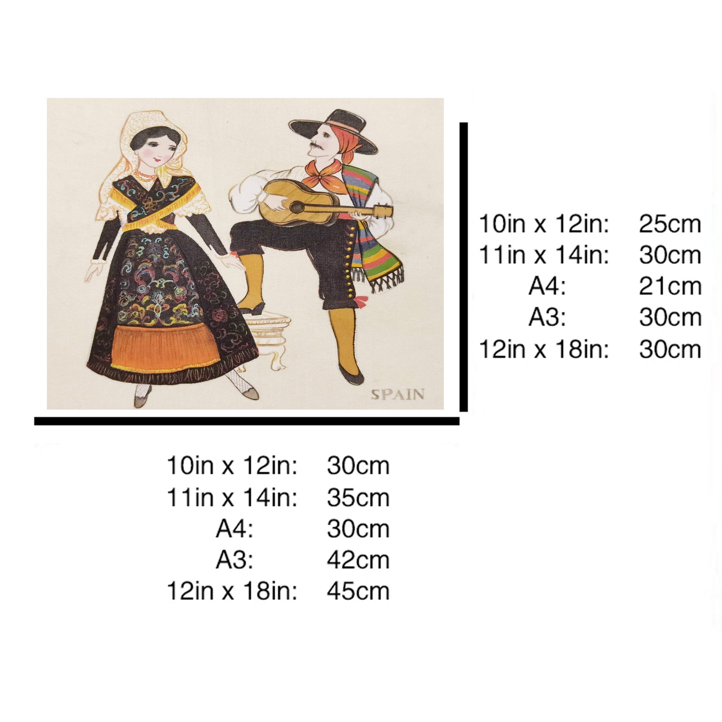 Hand-painted Spanish Folk Art Print – Traditional Costumes, Natural Wood Frame, Premium MATT Paper, Multiple Sizes & Colors