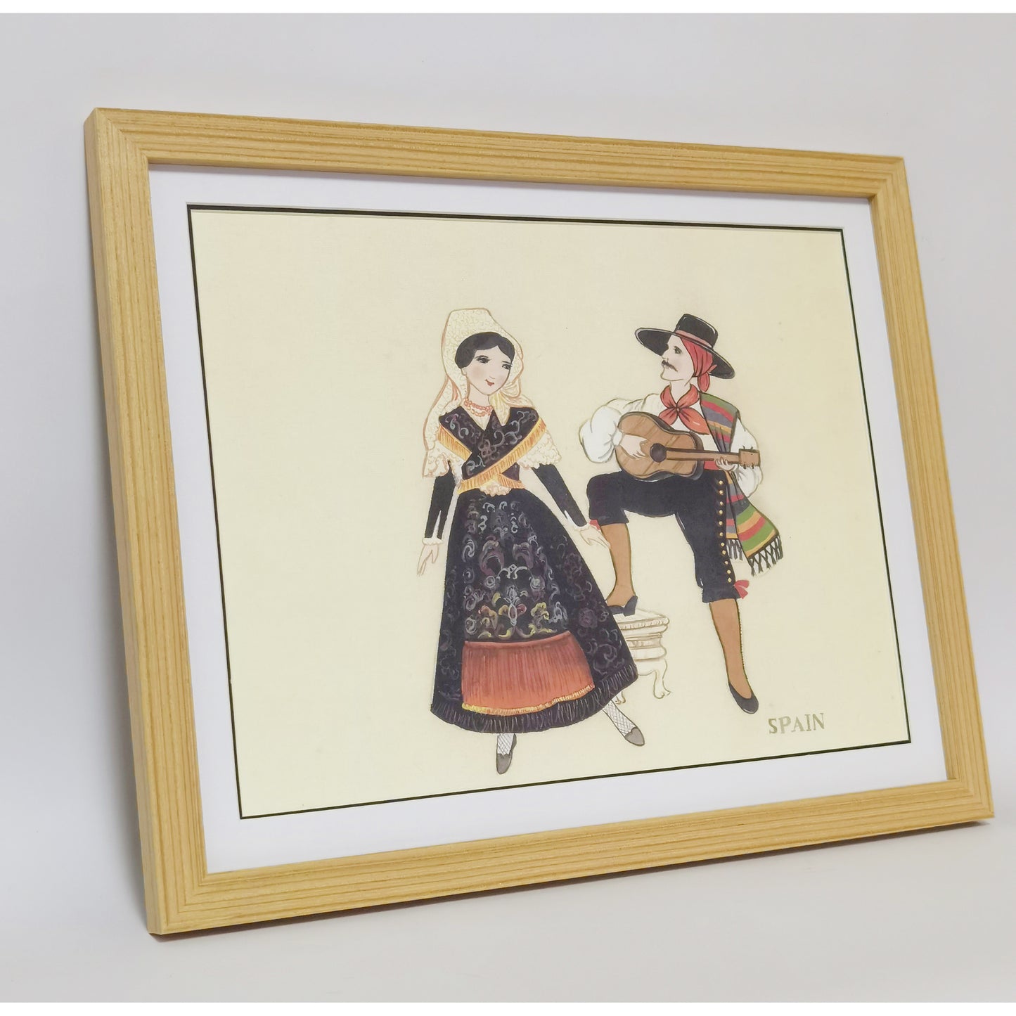 Hand-painted Spanish Folk Art Print – Traditional Costumes, Natural Wood Frame, Premium MATT Paper, Multiple Sizes & Colors
