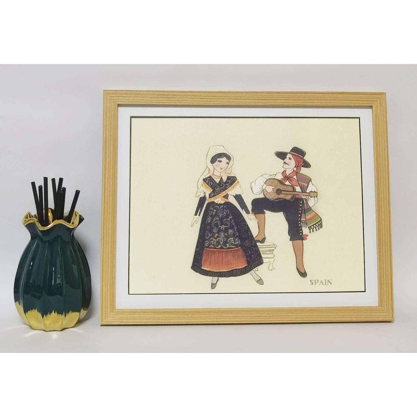 Hand-painted Spanish Folk Art Print – Traditional Costumes, Natural Wood Frame, Premium MATT Paper, Multiple Sizes & Colors