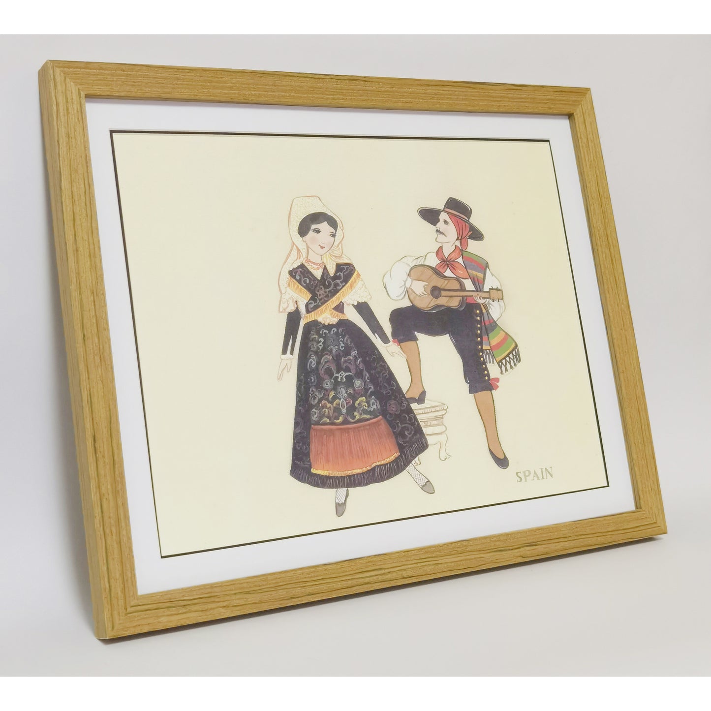 Hand-painted Spanish Folk Art Print – Traditional Costumes, Natural Wood Frame, Premium MATT Paper, Multiple Sizes & Colors