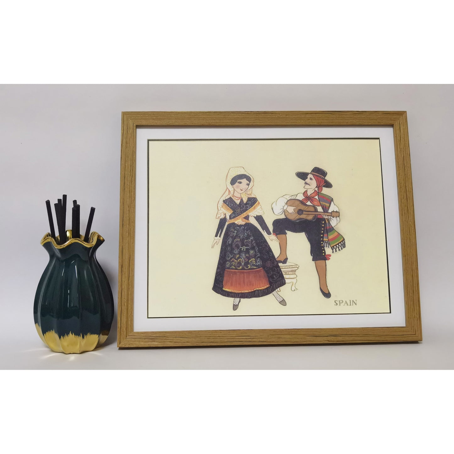 Hand-painted Spanish Folk Art Print – Traditional Costumes, Natural Wood Frame, Premium MATT Paper, Multiple Sizes & Colors