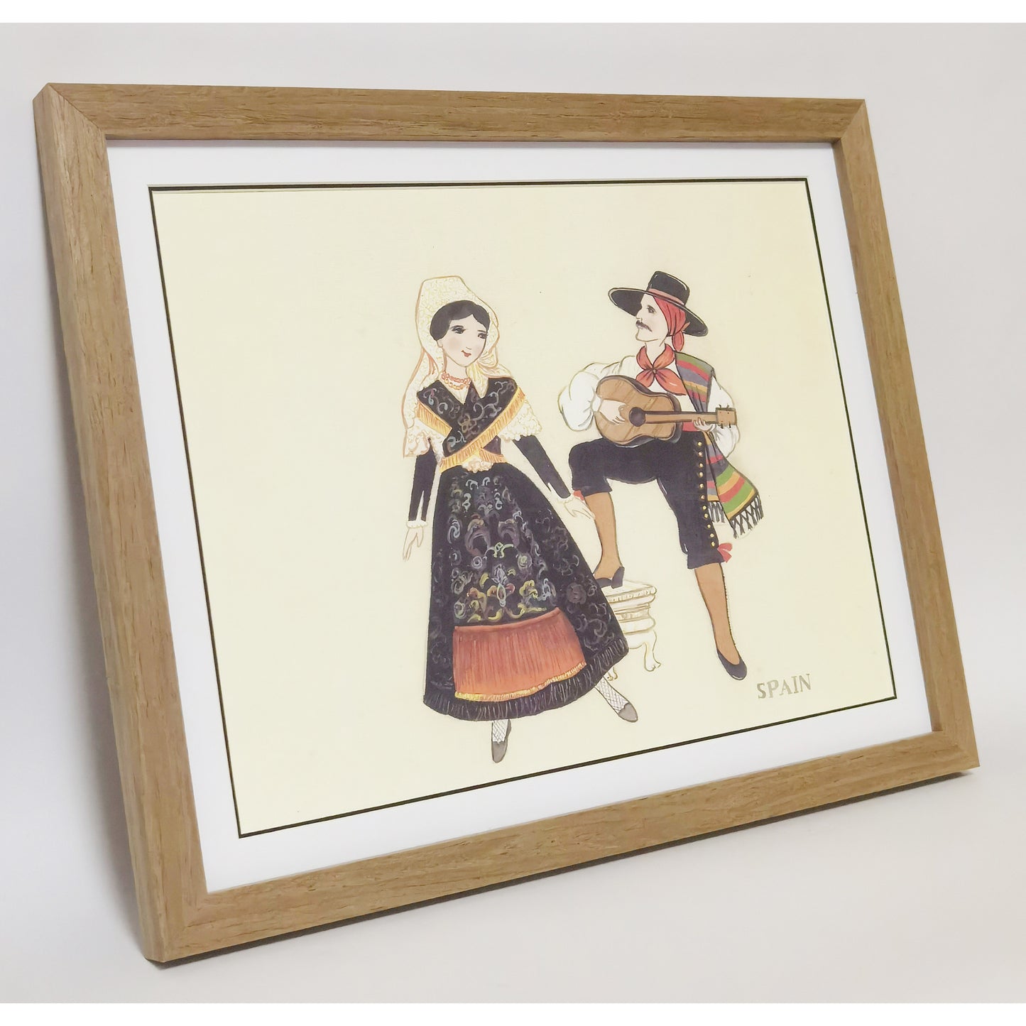 Hand-painted Spanish Folk Art Print – Traditional Costumes, Natural Wood Frame, Premium MATT Paper, Multiple Sizes & Colors