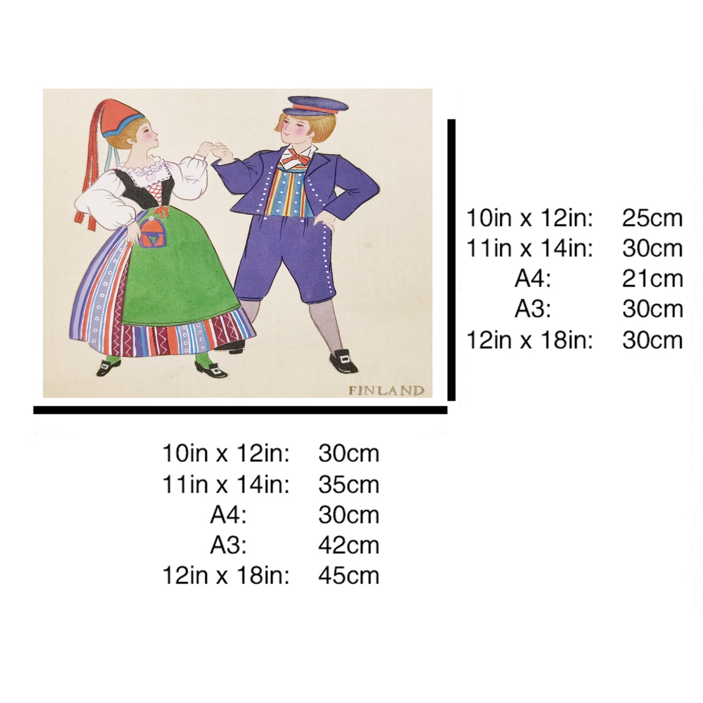 Hand-painted Finnish Folk Art Print – Traditional Costumes, Natural Wood Frame, Premium MATT Paper, Multiple Sizes & Colors