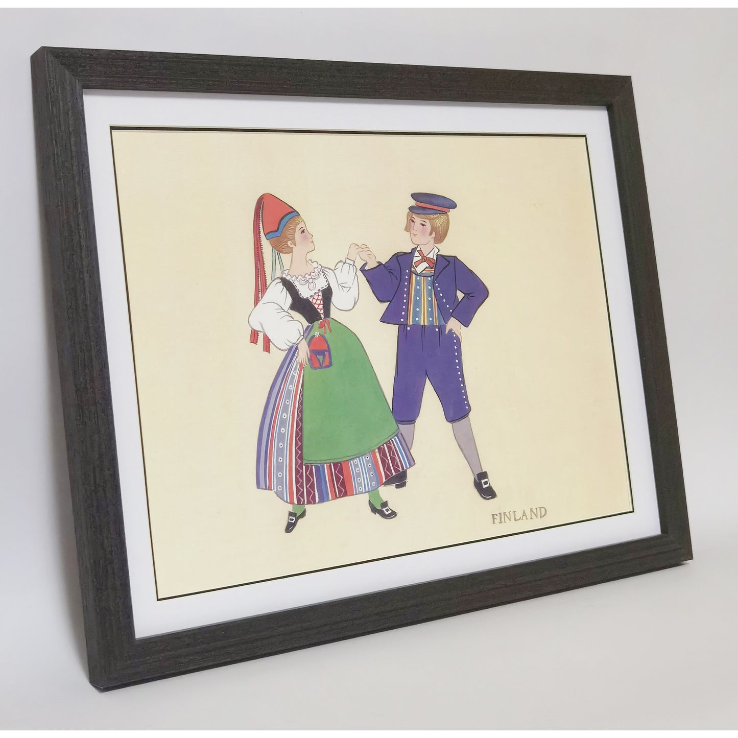 Hand-painted Finnish Folk Art Print – Traditional Costumes, Natural Wood Frame, Premium MATT Paper, Multiple Sizes & Colors