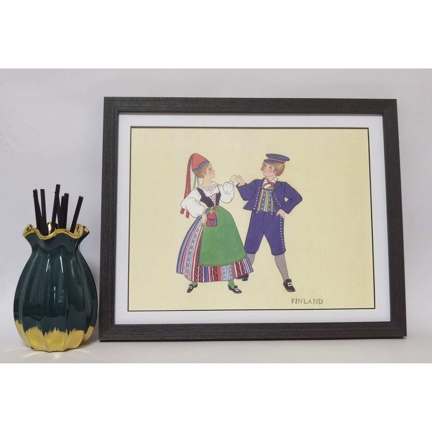 Hand-painted Finnish Folk Art Print – Traditional Costumes, Natural Wood Frame, Premium MATT Paper, Multiple Sizes & Colors