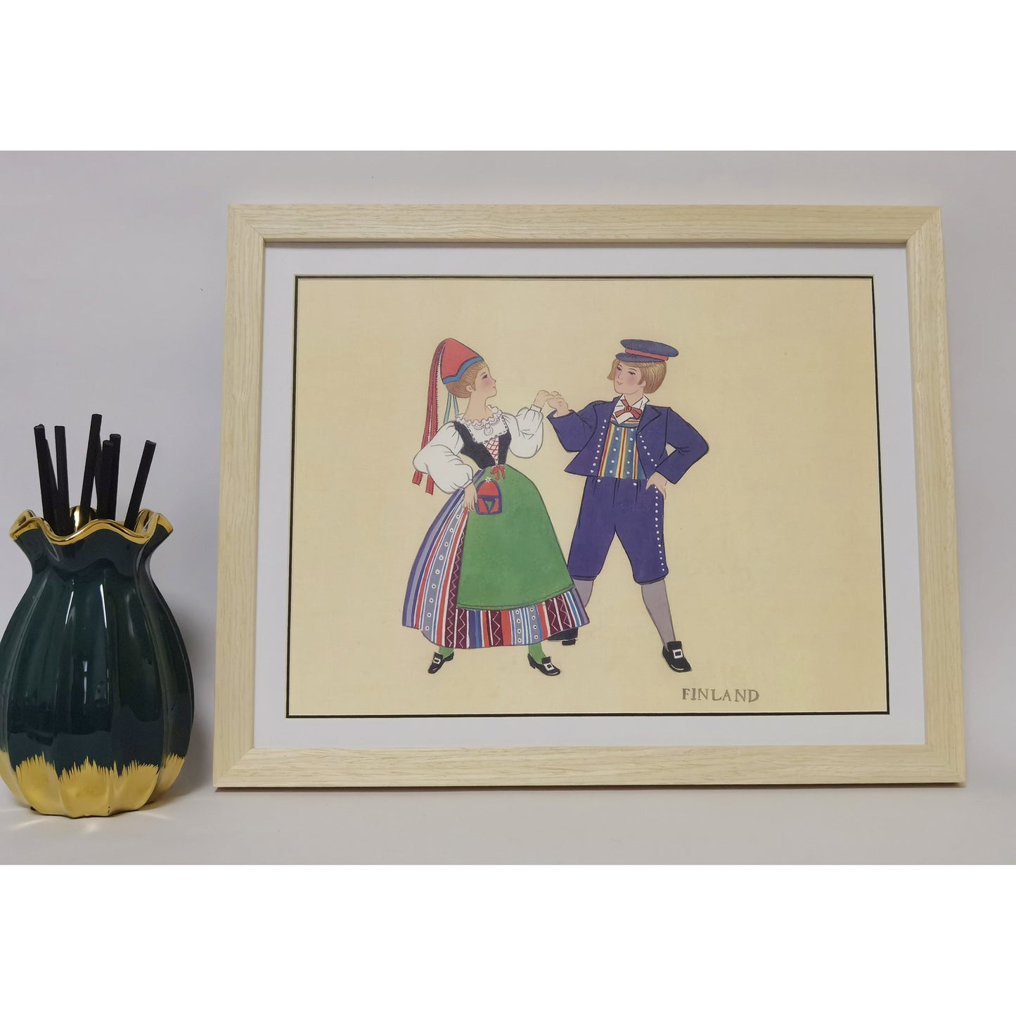 Hand-painted Finnish Folk Art Print – Traditional Costumes, Natural Wood Frame, Premium MATT Paper, Multiple Sizes & Colors