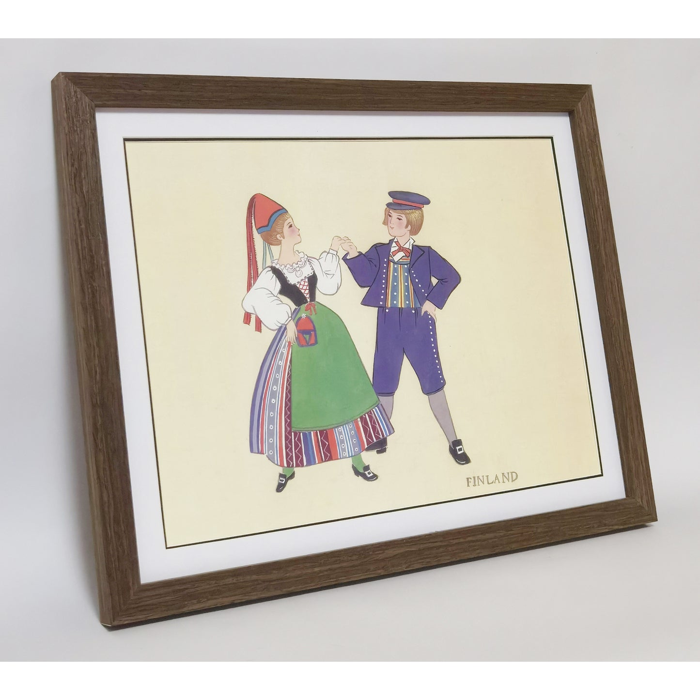 Hand-painted Finnish Folk Art Print – Traditional Costumes, Natural Wood Frame, Premium MATT Paper, Multiple Sizes & Colors