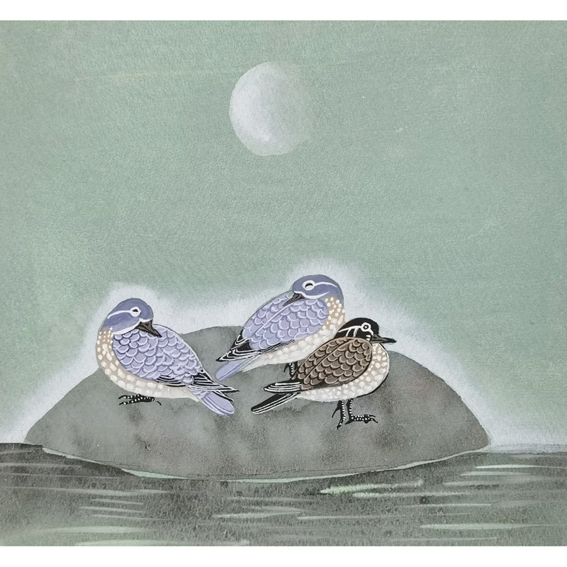 Hand-painted Waterbirds on Rock in Moonlit Night – Watercolor Art Print, Premium MATT Paper, Natural Wood Frame, Custom Sizes & Colors