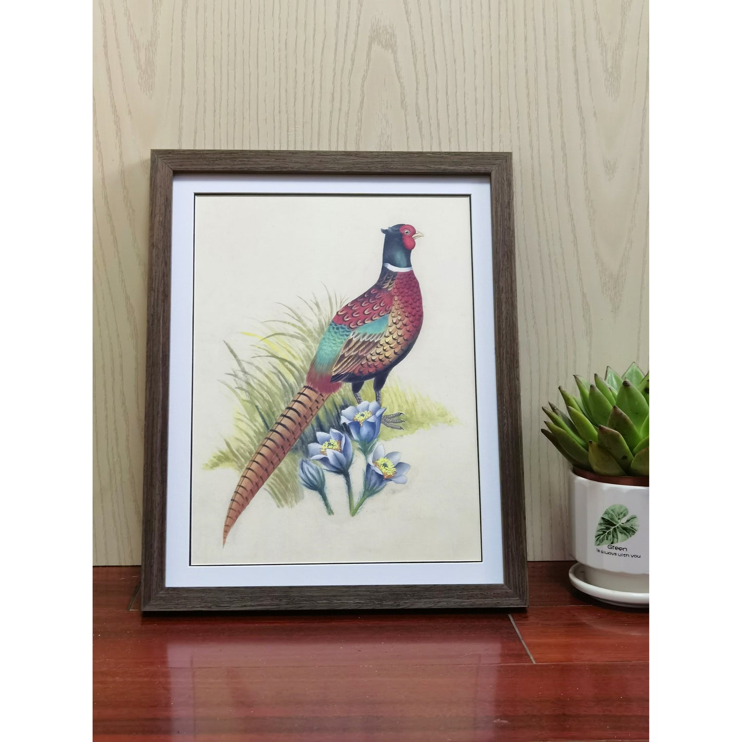South Dakota Ring-necked Pheasant Hand-painted Art Print - Premium MATT Paper, Natural Wood Frame, Wall & Tabletop Décor, Multiple Sizes & Colors for Home, Office & Gifts