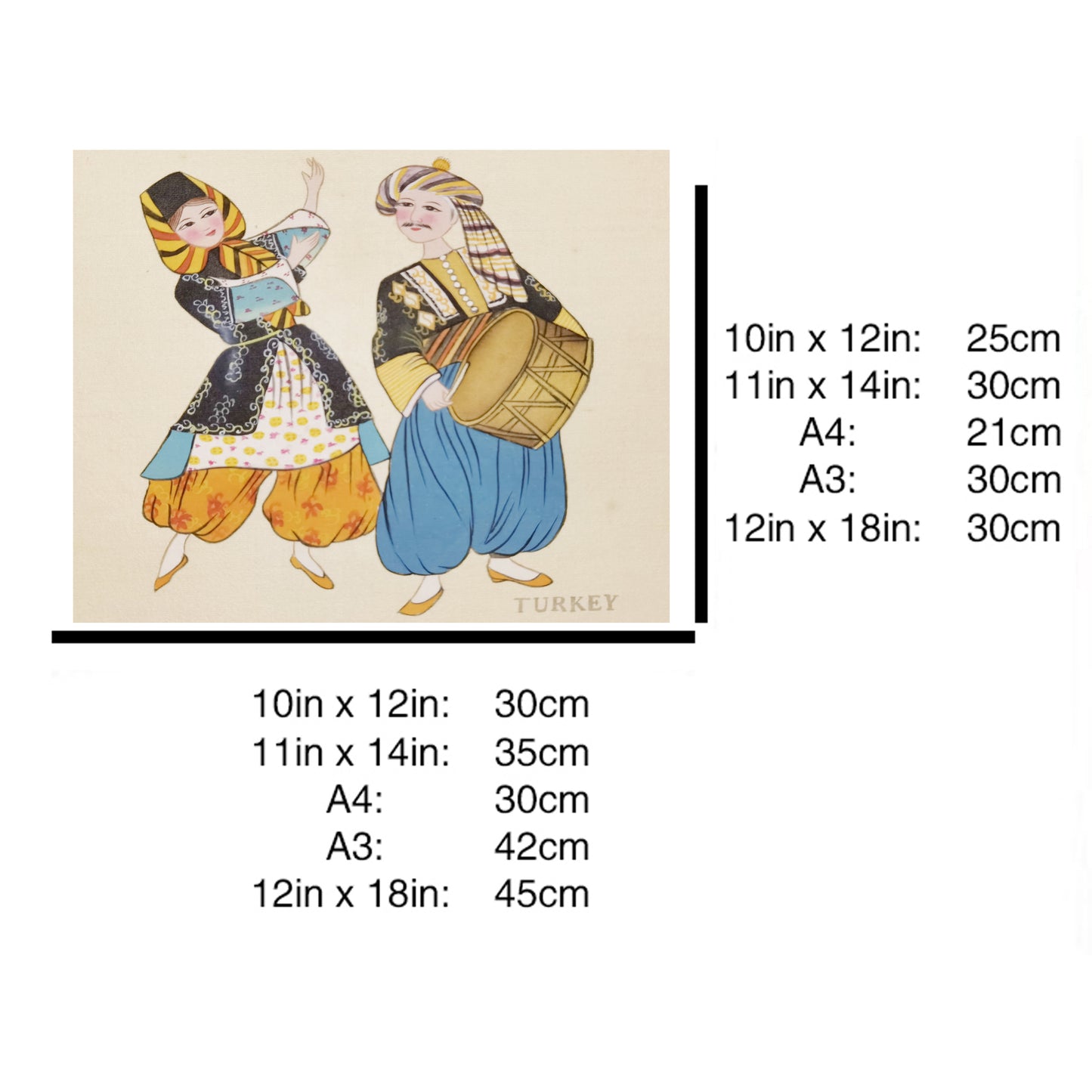 Hand-Painted Turkish Traditional Folk Art Men & Women Costumes, Wood Framed, MATT Paper Print