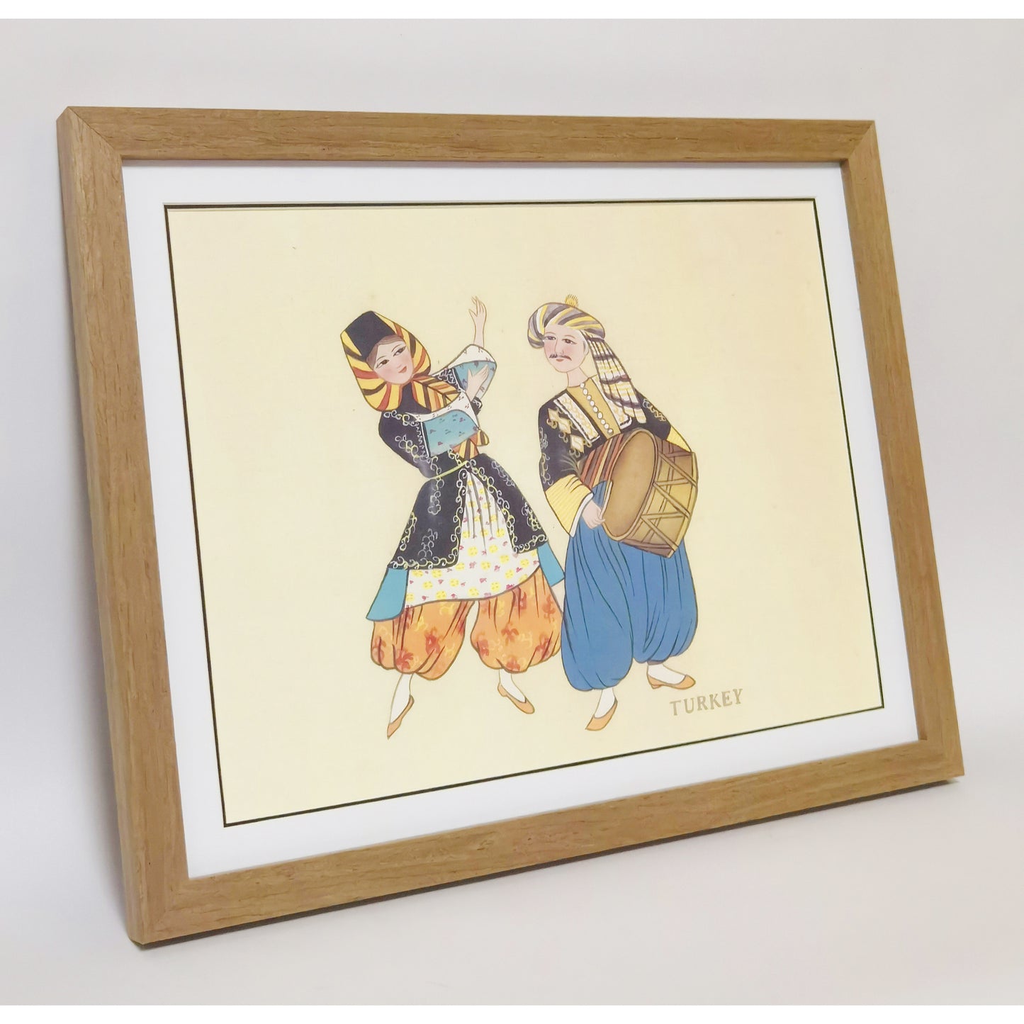 Hand-Painted Turkish Traditional Folk Art Men & Women Costumes, Wood Framed, MATT Paper Print