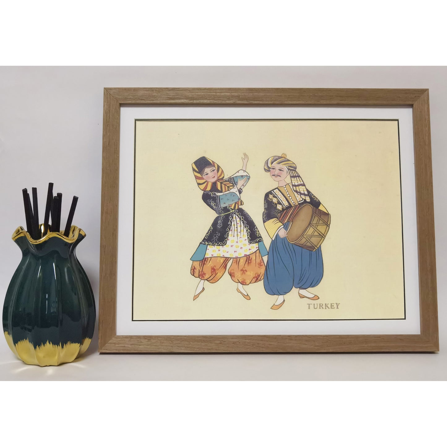 Hand-Painted Turkish Traditional Folk Art Men & Women Costumes, Wood Framed, MATT Paper Print