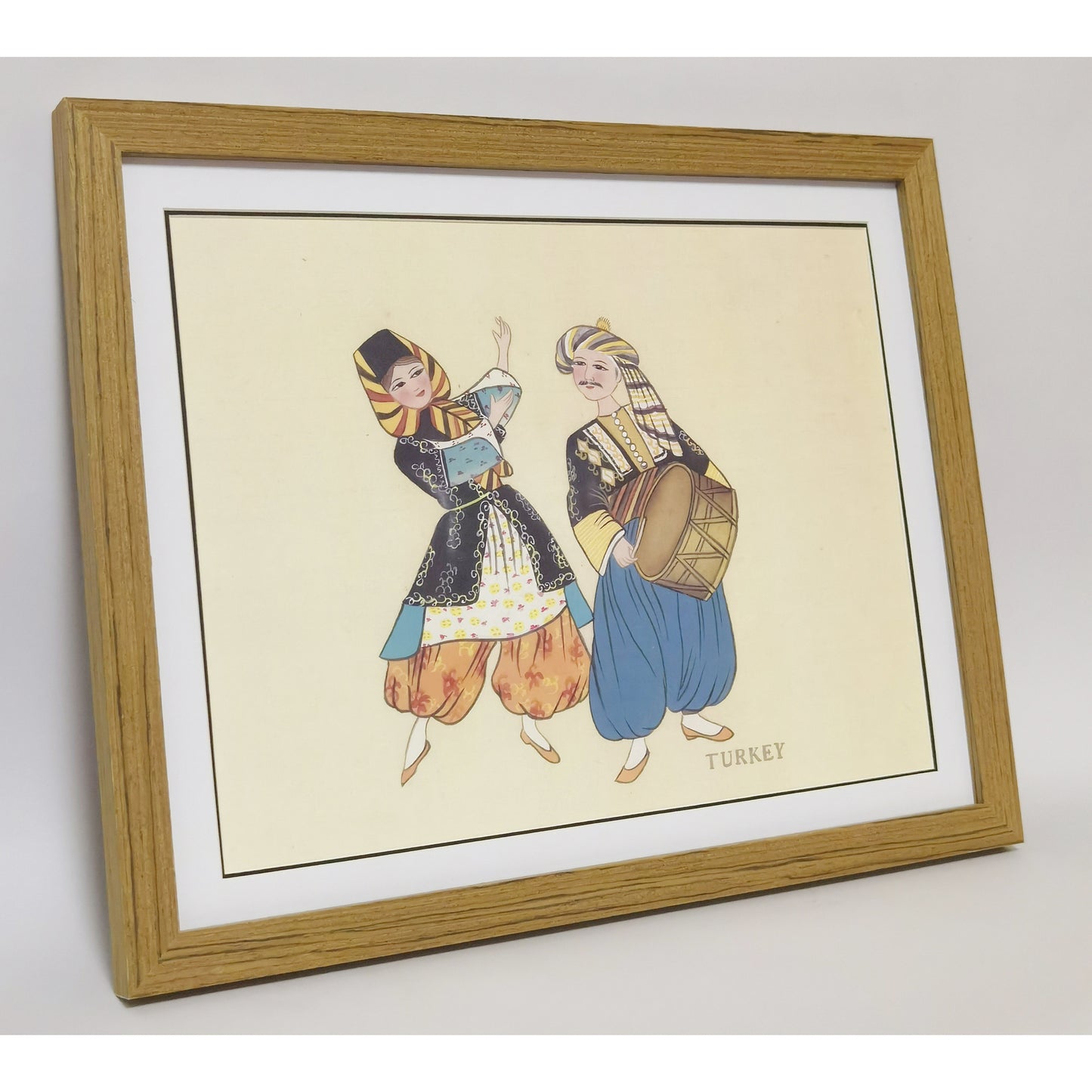 Hand-Painted Turkish Traditional Folk Art Men & Women Costumes, Wood Framed, MATT Paper Print