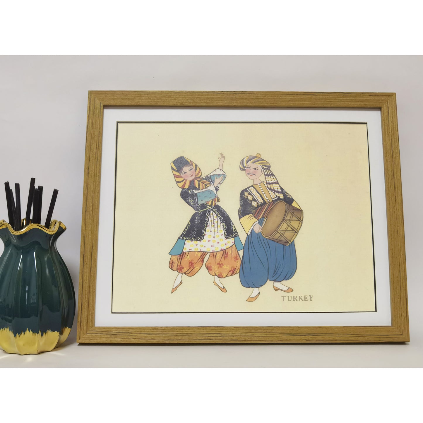 Hand-Painted Turkish Traditional Folk Art Men & Women Costumes, Wood Framed, MATT Paper Print